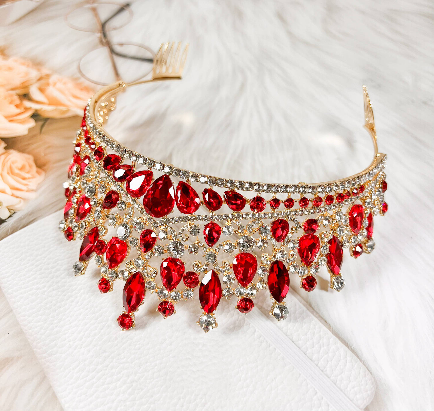 Ruby Red Crown for Bridal Princess Tiara Wedding Headpiece