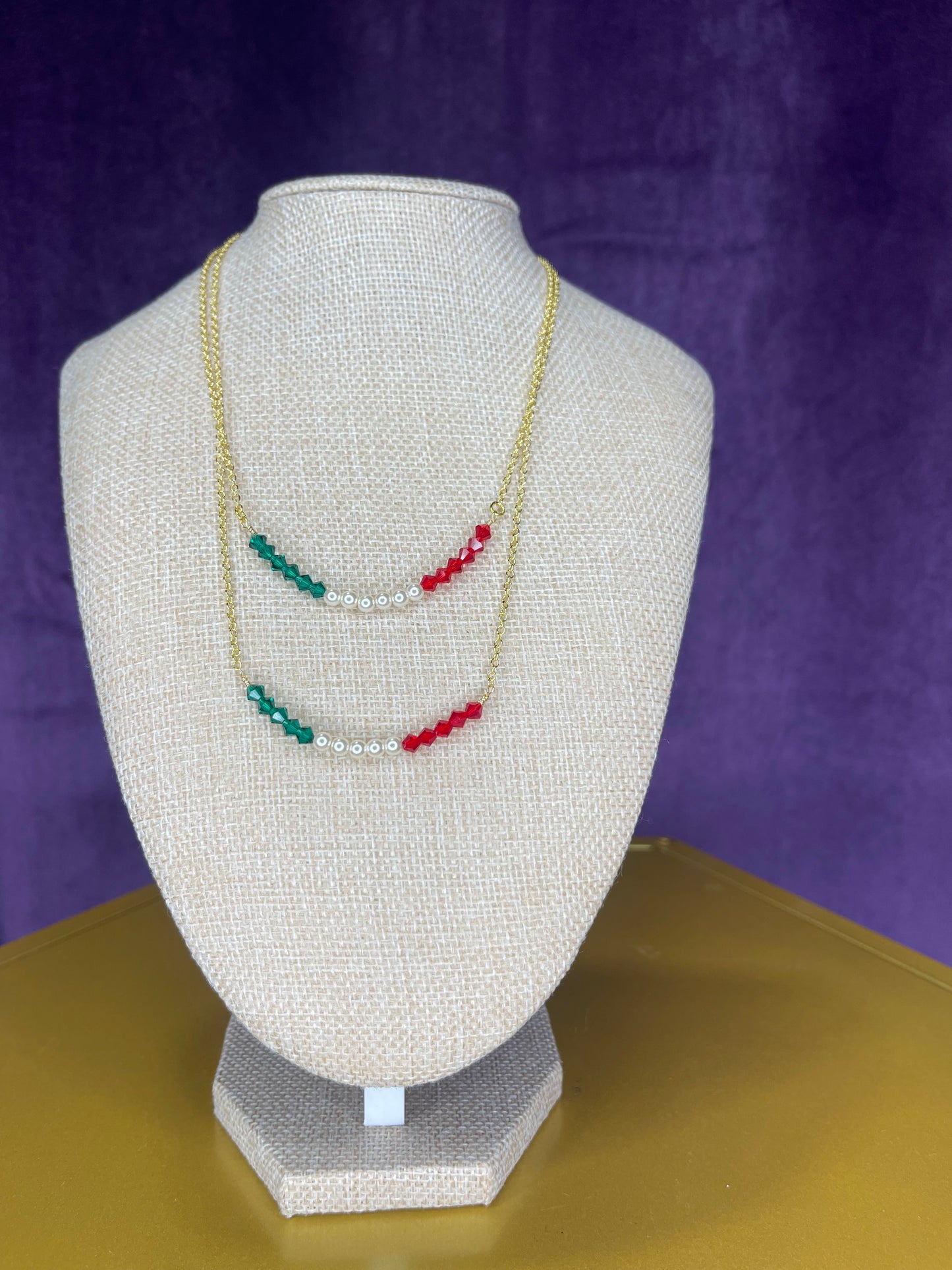 Green, white, red glass beads on 14kt gold plated chain