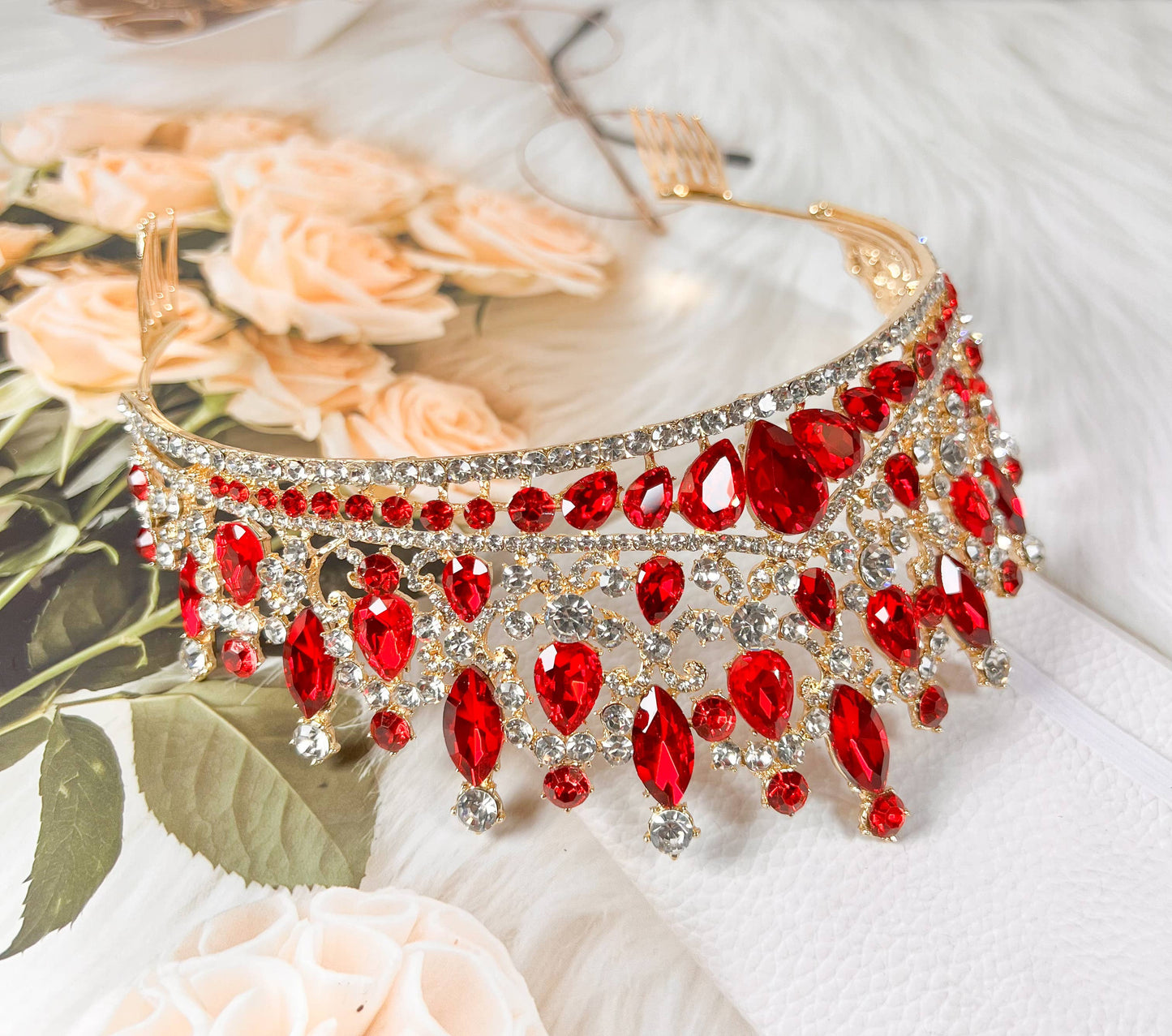 Ruby Red Crown for Bridal Princess Tiara Wedding Headpiece