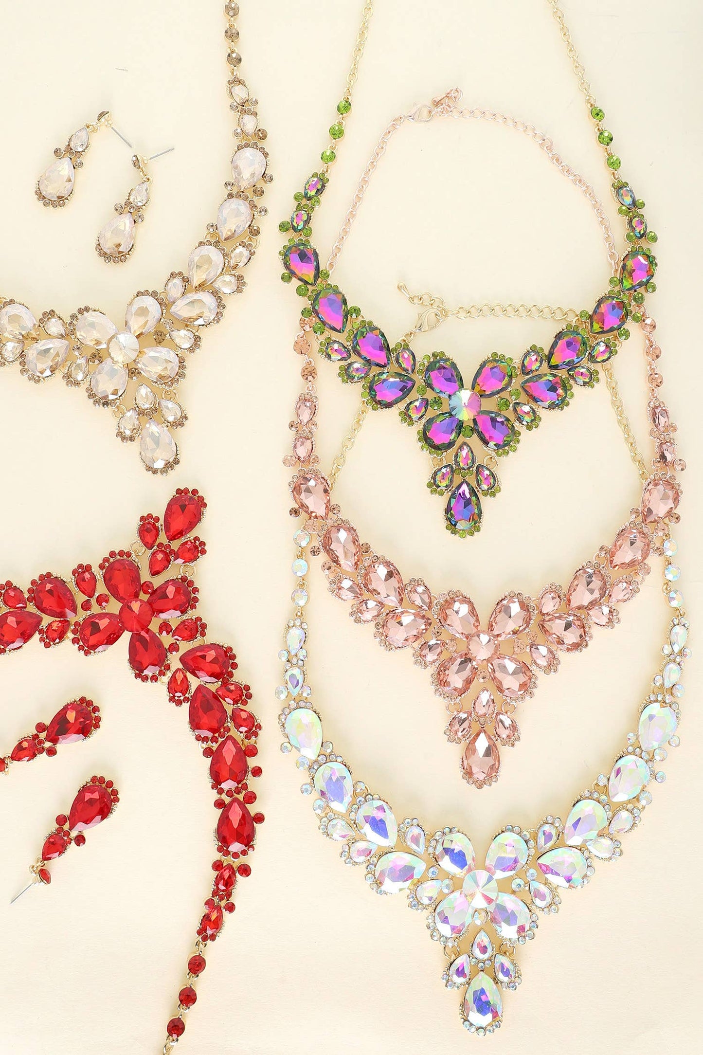 Crystal Gemstone Cluster V-Shaped Necklace Set