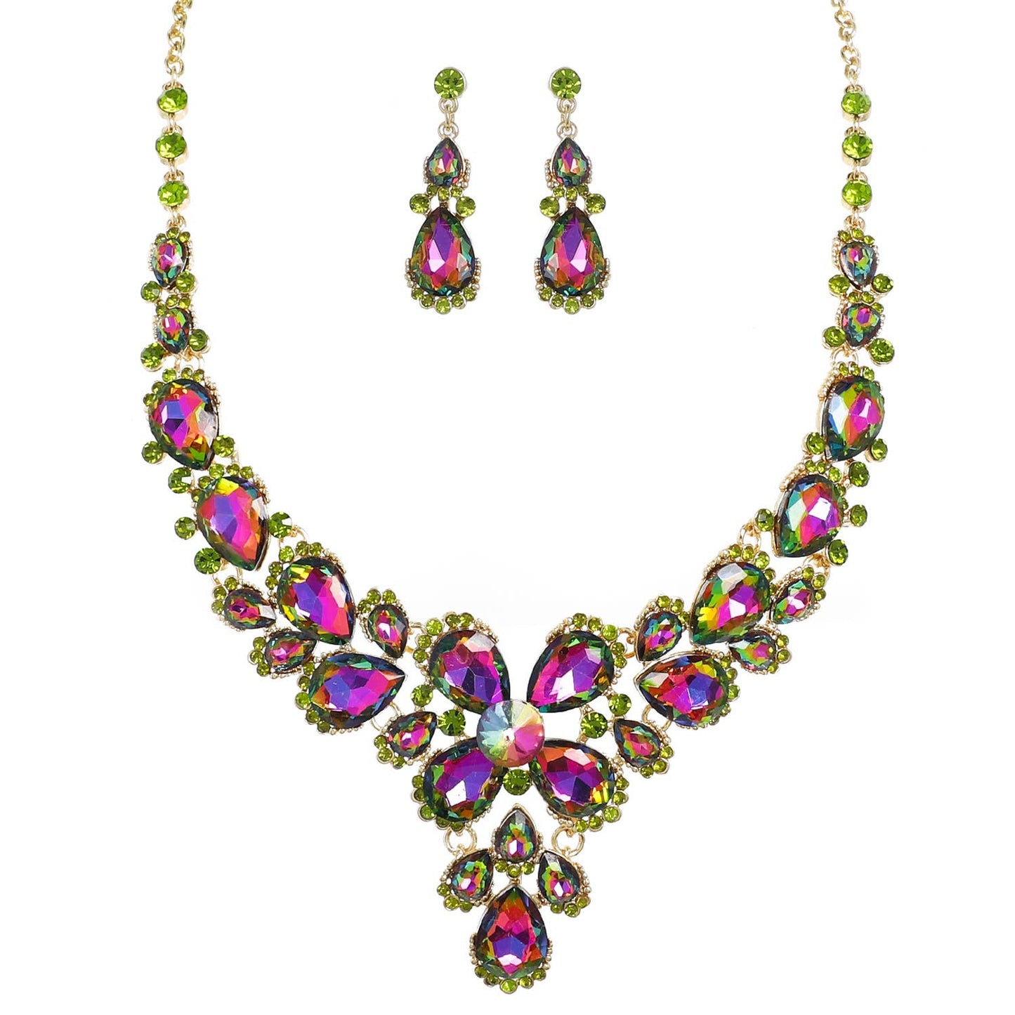 Crystal Gemstone Cluster V-Shaped Necklace Set