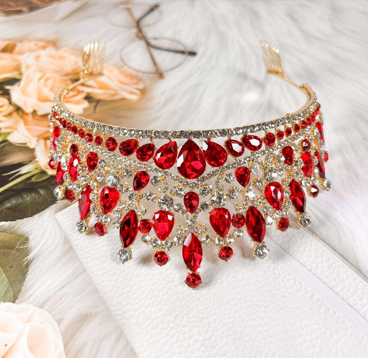 Ruby Red Crown for Bridal Princess Tiara Wedding Headpiece