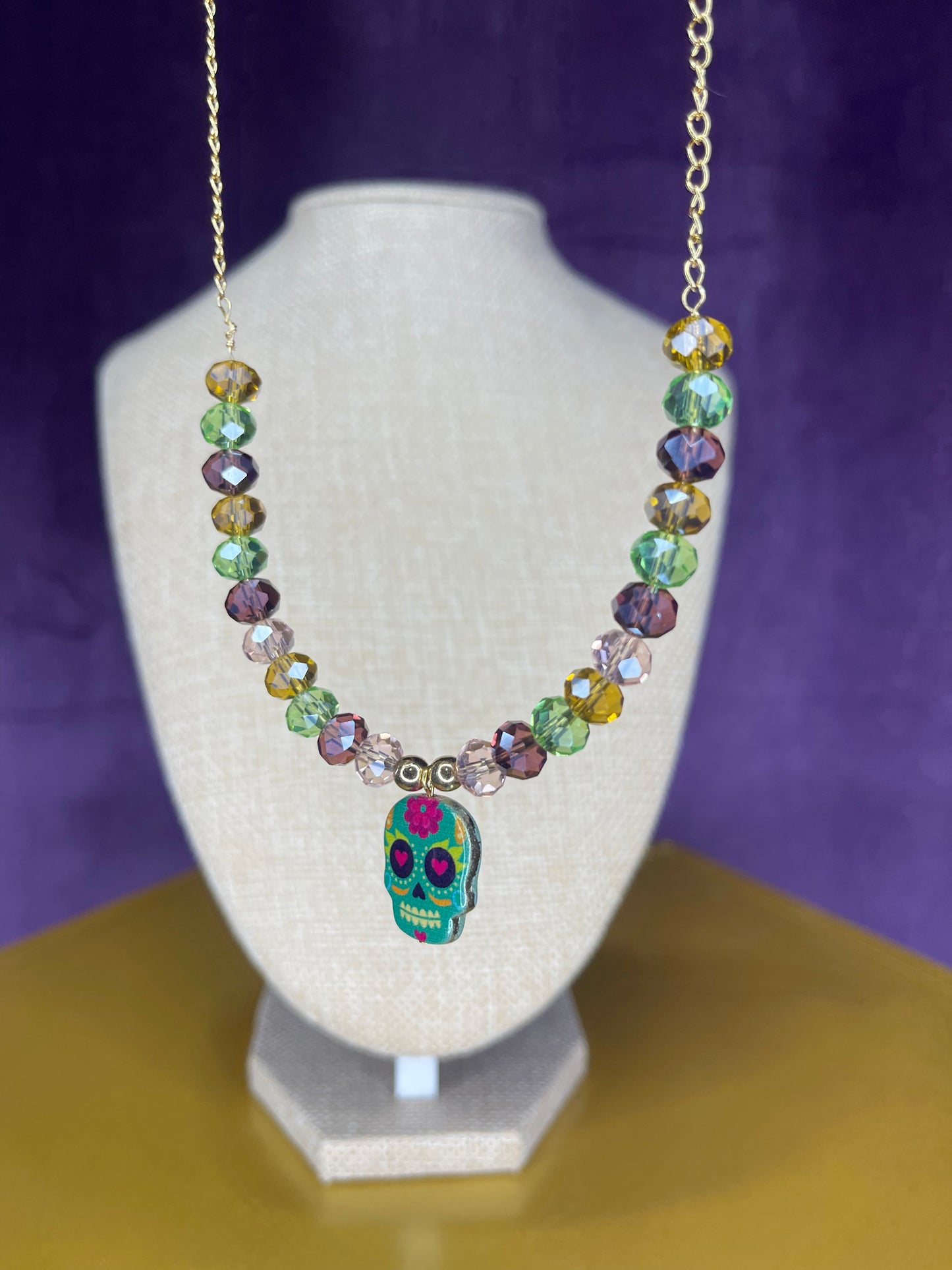 Día de los Muertos glass beads on 14kt gold plated chain
