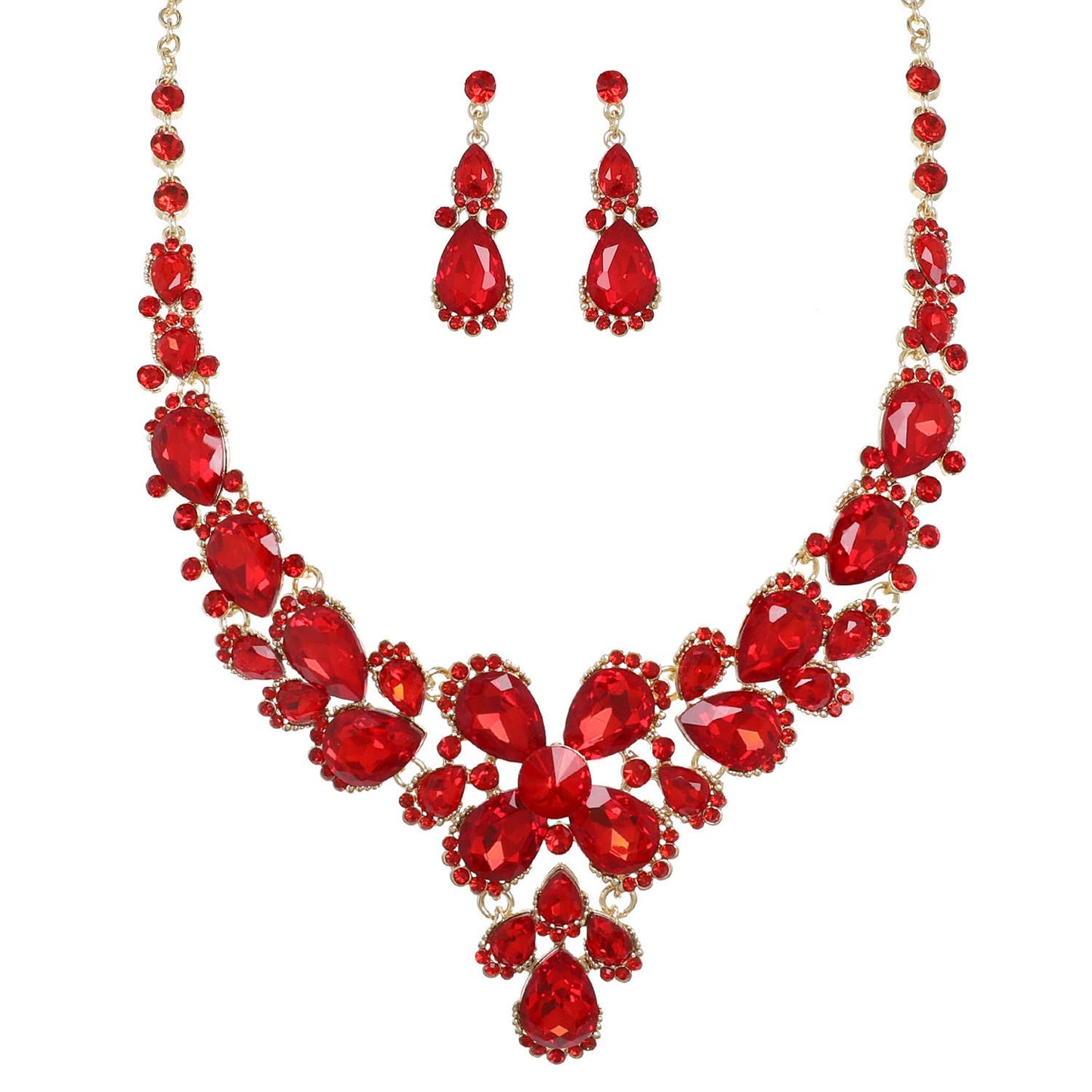 Crystal Gemstone Cluster V-Shaped Necklace Set