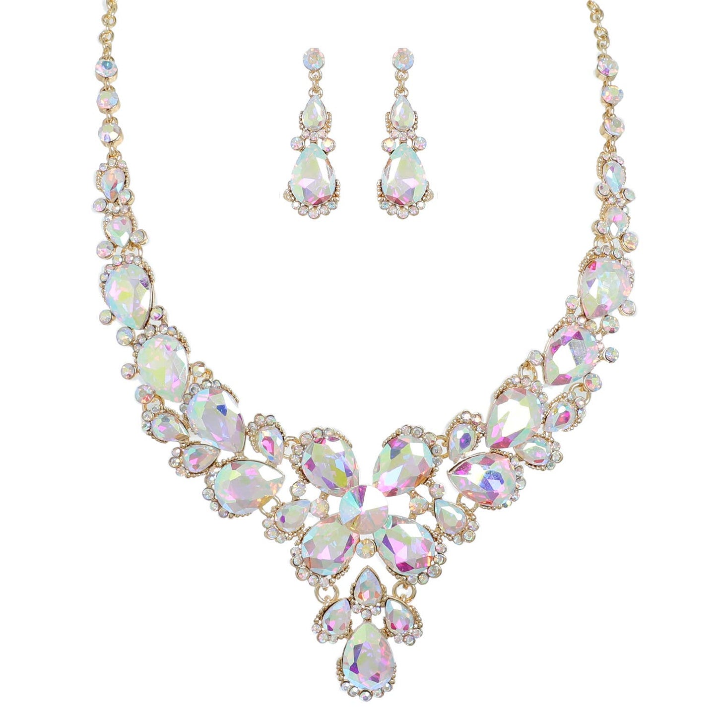 Crystal Gemstone Cluster V-Shaped Necklace Set
