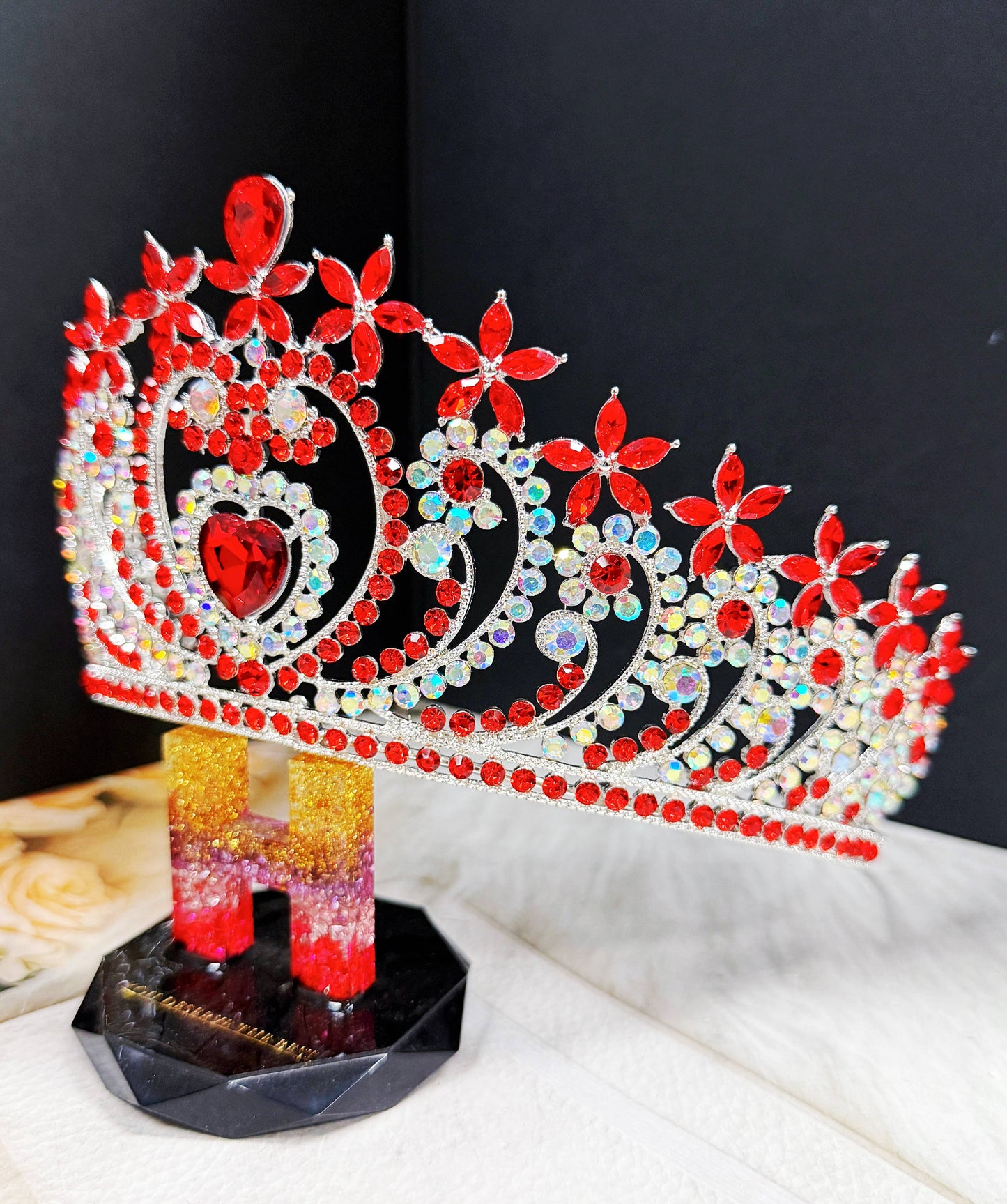 Red Crystal tiara, silver heart tiara, Bridal Headpiece