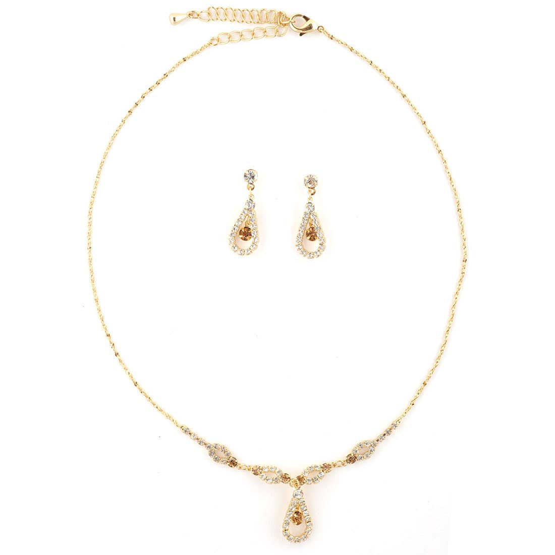 Gold Teardrop Necklace and Earrings Set with Crystals