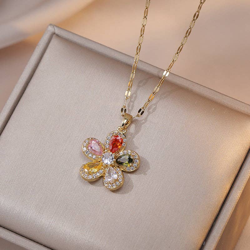 Rainbow Color Flower Pendant Necklace in Stainless Steel
