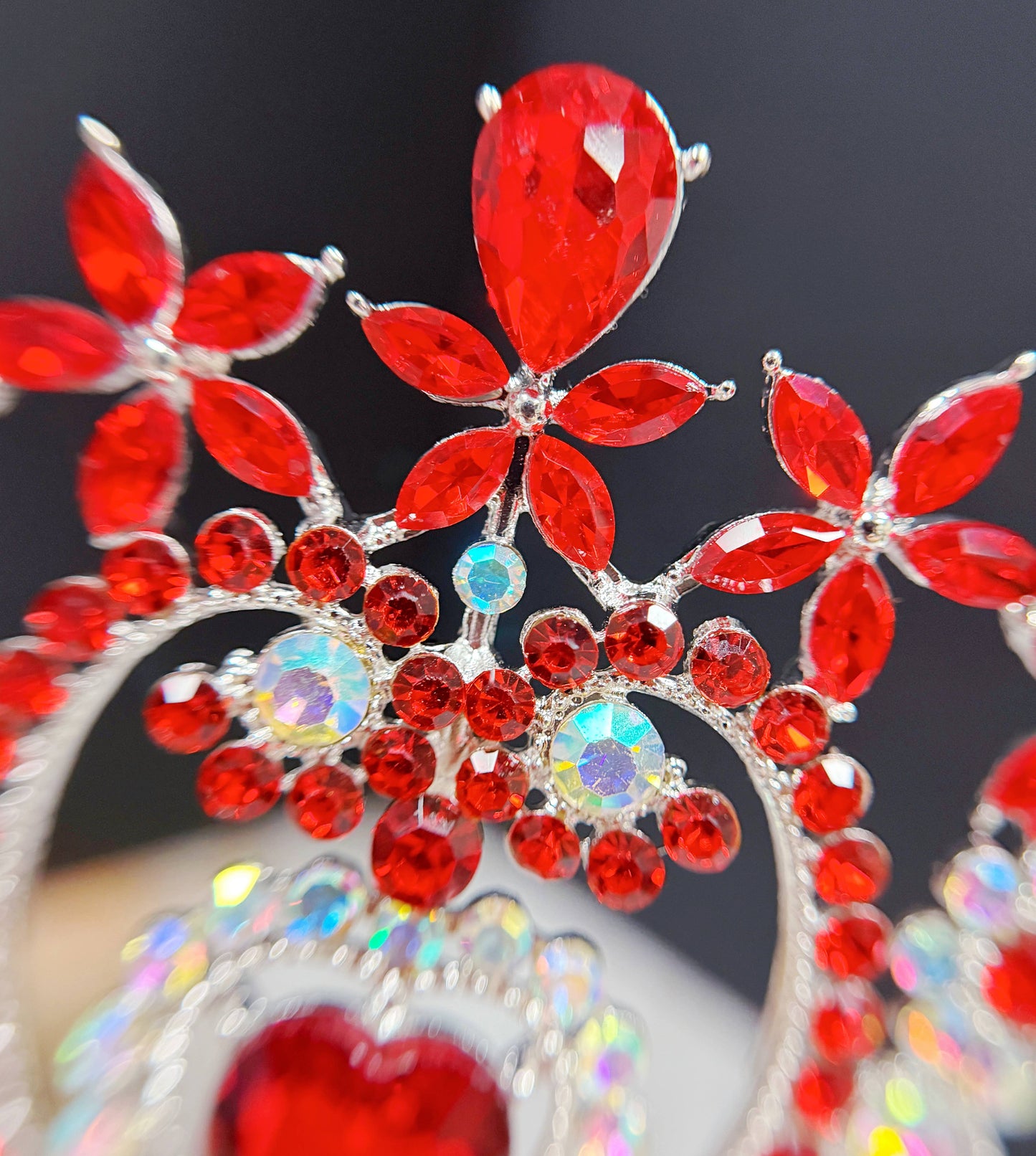 Red Crystal tiara, silver heart tiara, Bridal Headpiece