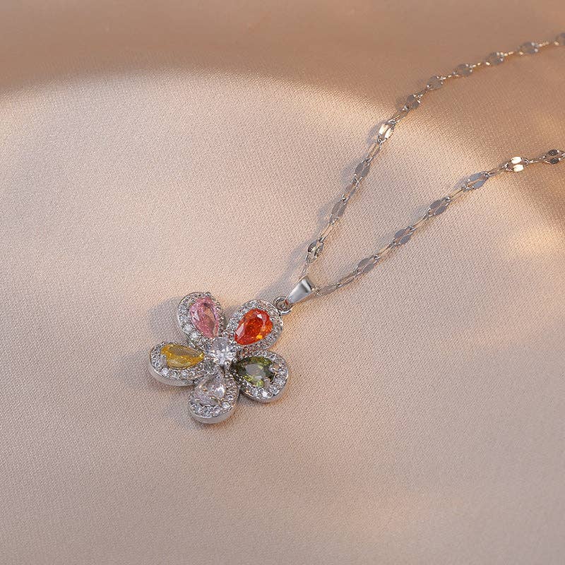 Rainbow Color Flower Pendant Necklace in Stainless Steel