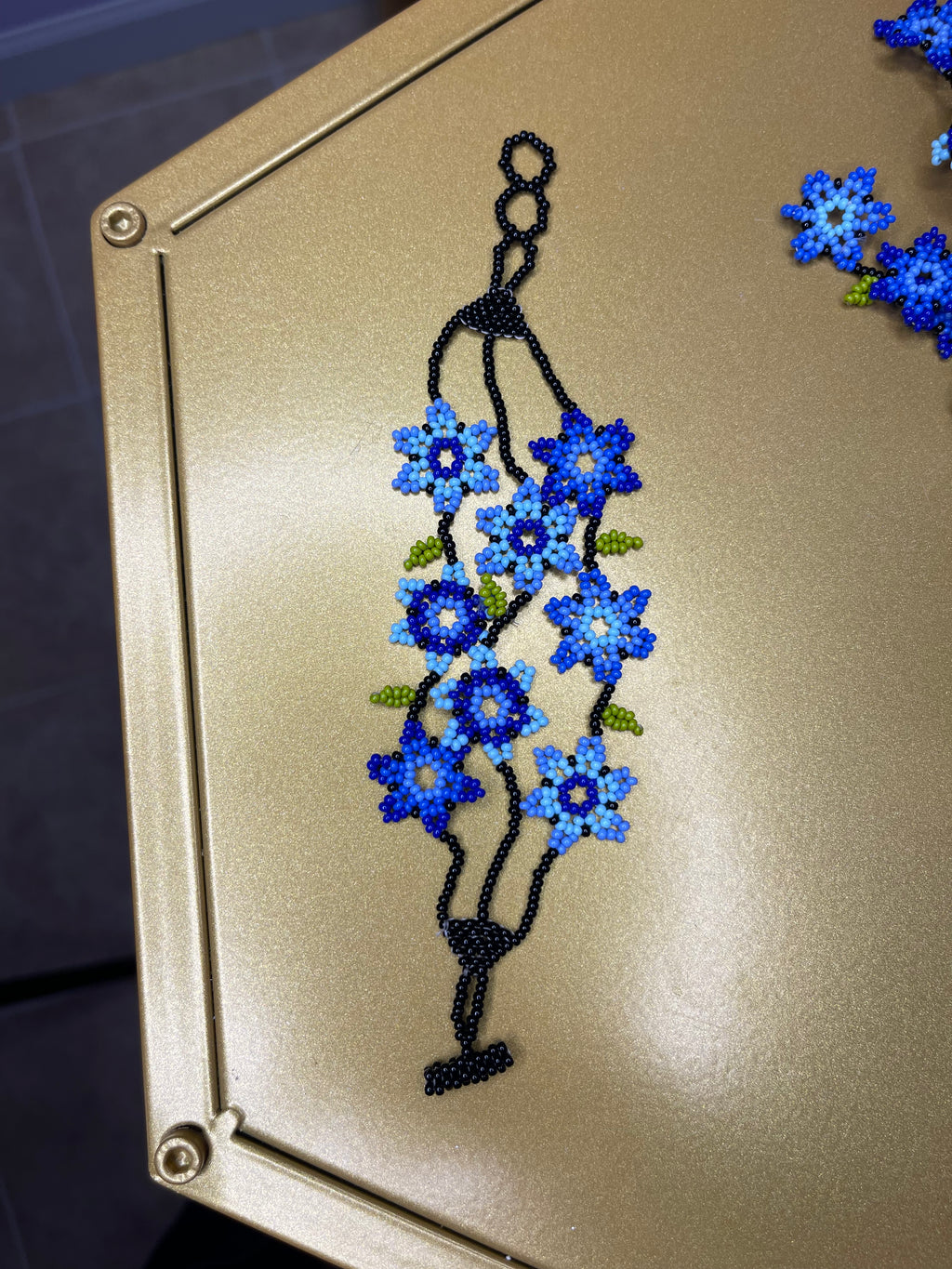 Huichol Beaded Cascading Blue Flower Bib Necklace with Earrings - Handmade Wixárika Art from Nayarit