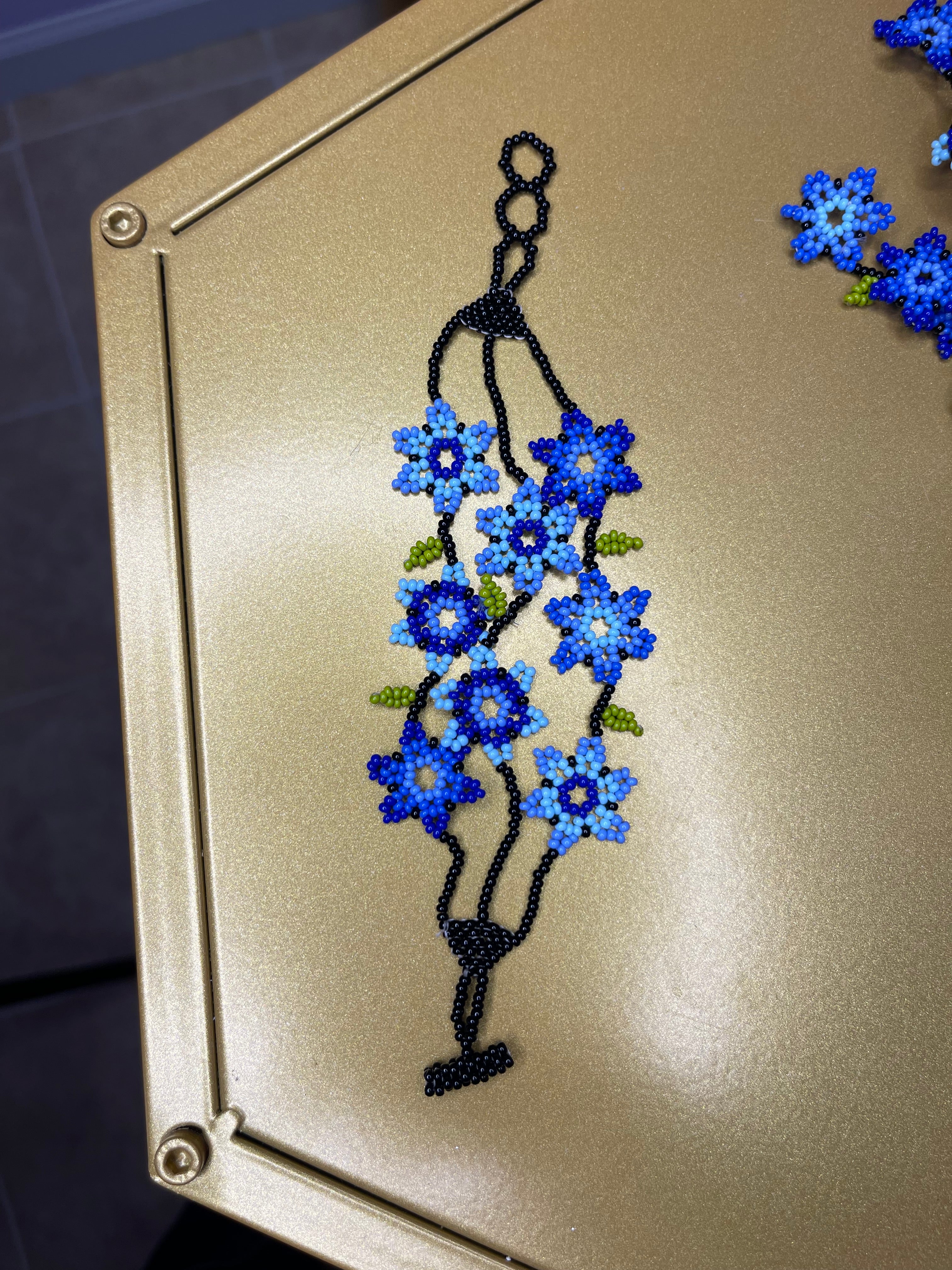 Huichol Beaded Cascading Blue Flower Bib Necklace with Earrings - Handmade Wixárika Art from Nayarit