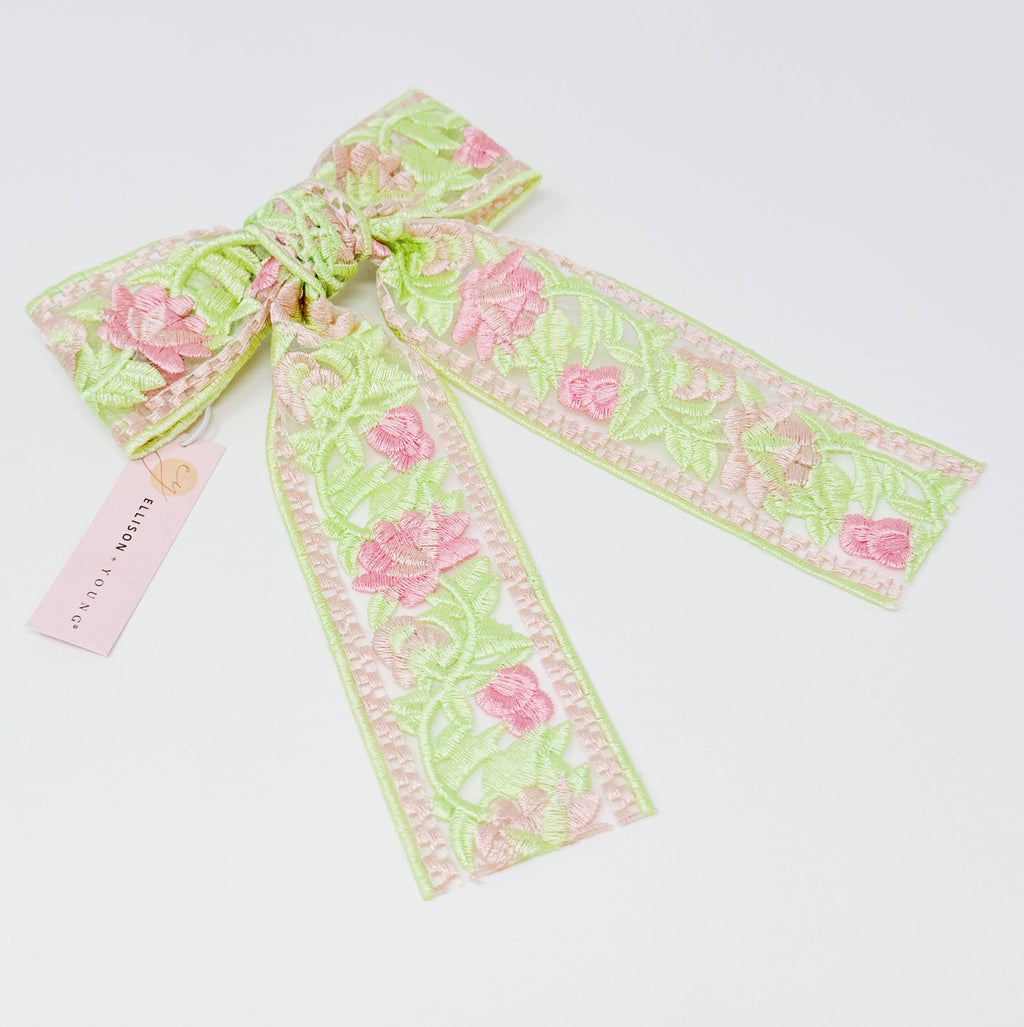 Lacey Flower Embroidered Bow Hair Clip