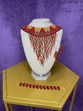 Huichol Beaded Geometric Fringe Necklace Set - Handmade Red & Gold Wixárika Jewelry from Nayarit