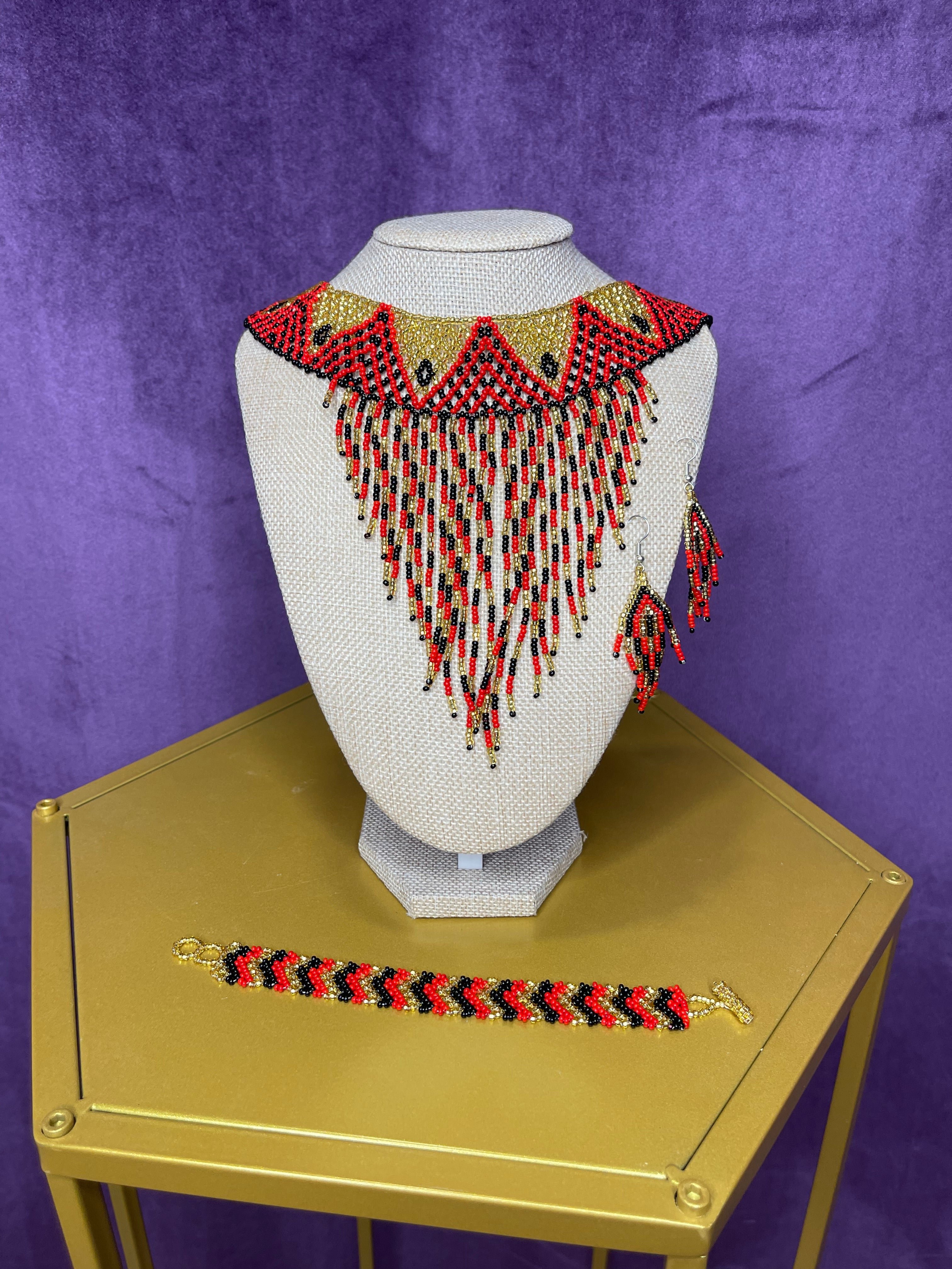 Huichol Beaded Geometric Fringe Necklace Set - Handmade Red & Gold Wixárika Jewelry from Nayarit