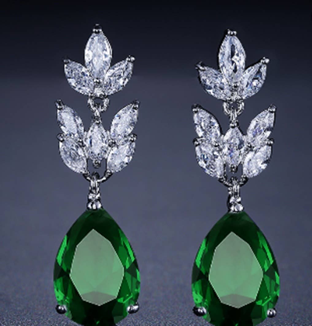 Silver Emerald Green Cubic Zirconia Drop Earrings 1.5in