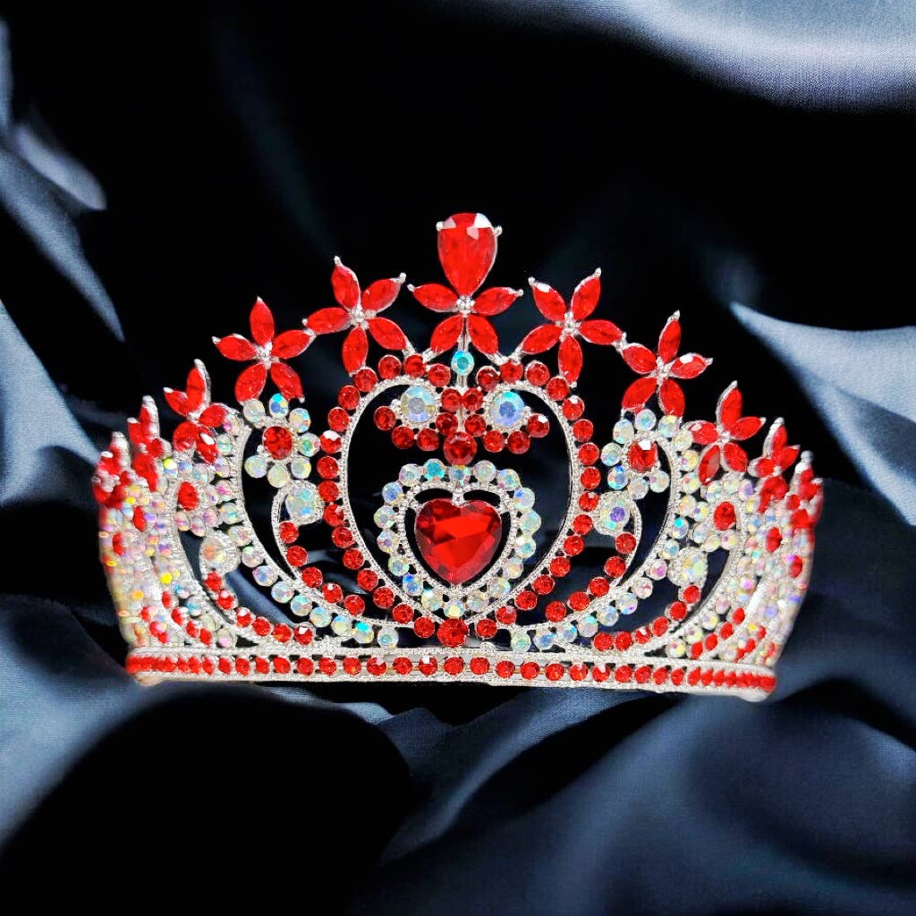 Red Crystal tiara, silver heart tiara, Bridal Headpiece