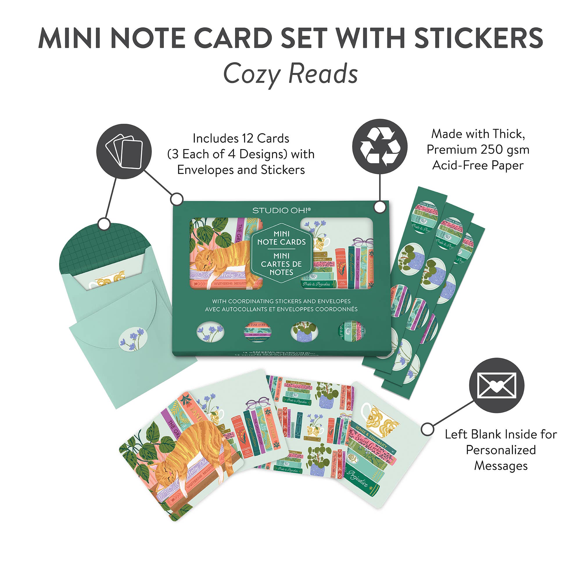 Cozy Reads Assorted Mini Note Card Set with Stickers