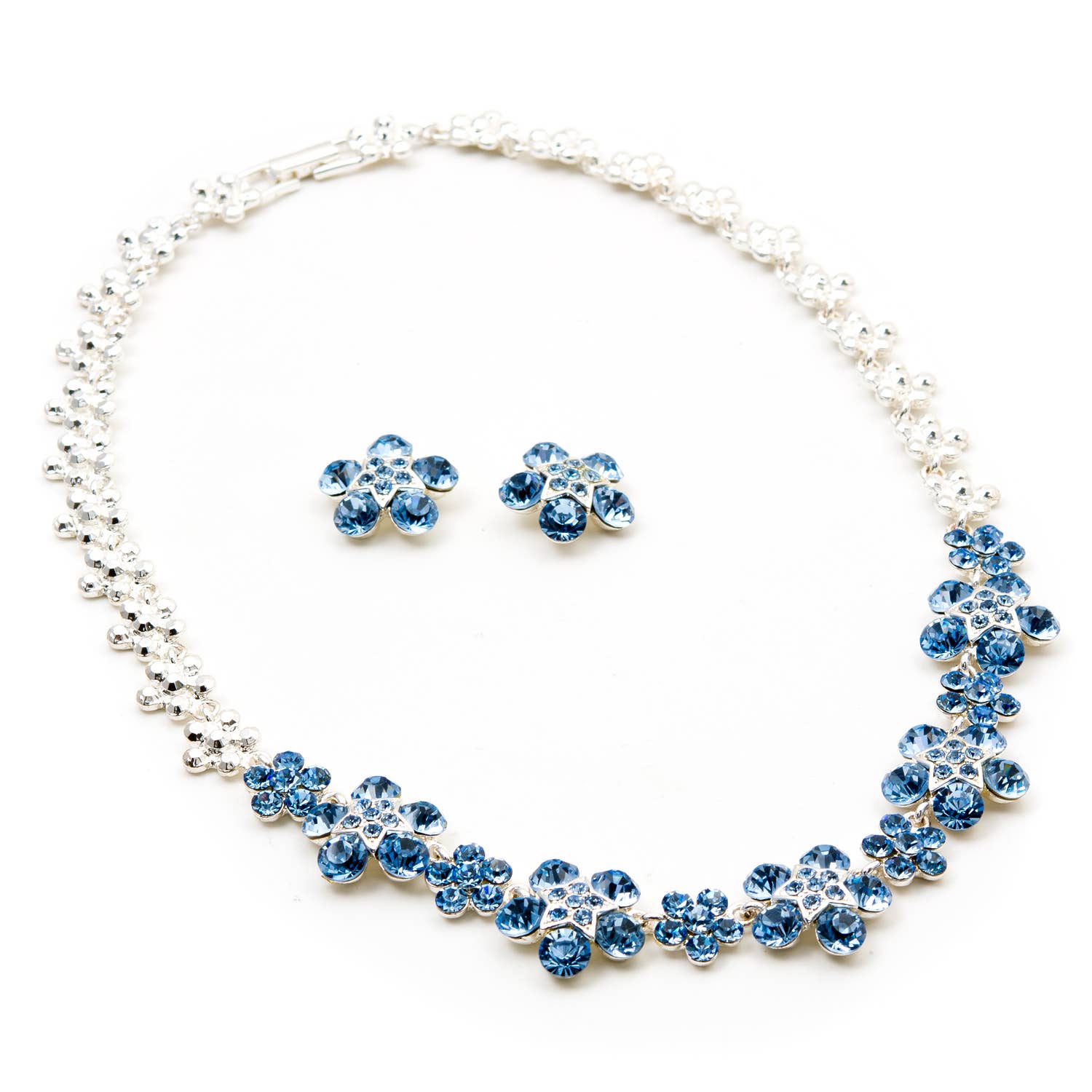 Silver Sapphire Rhinestone Flower & Star Jewelry Set