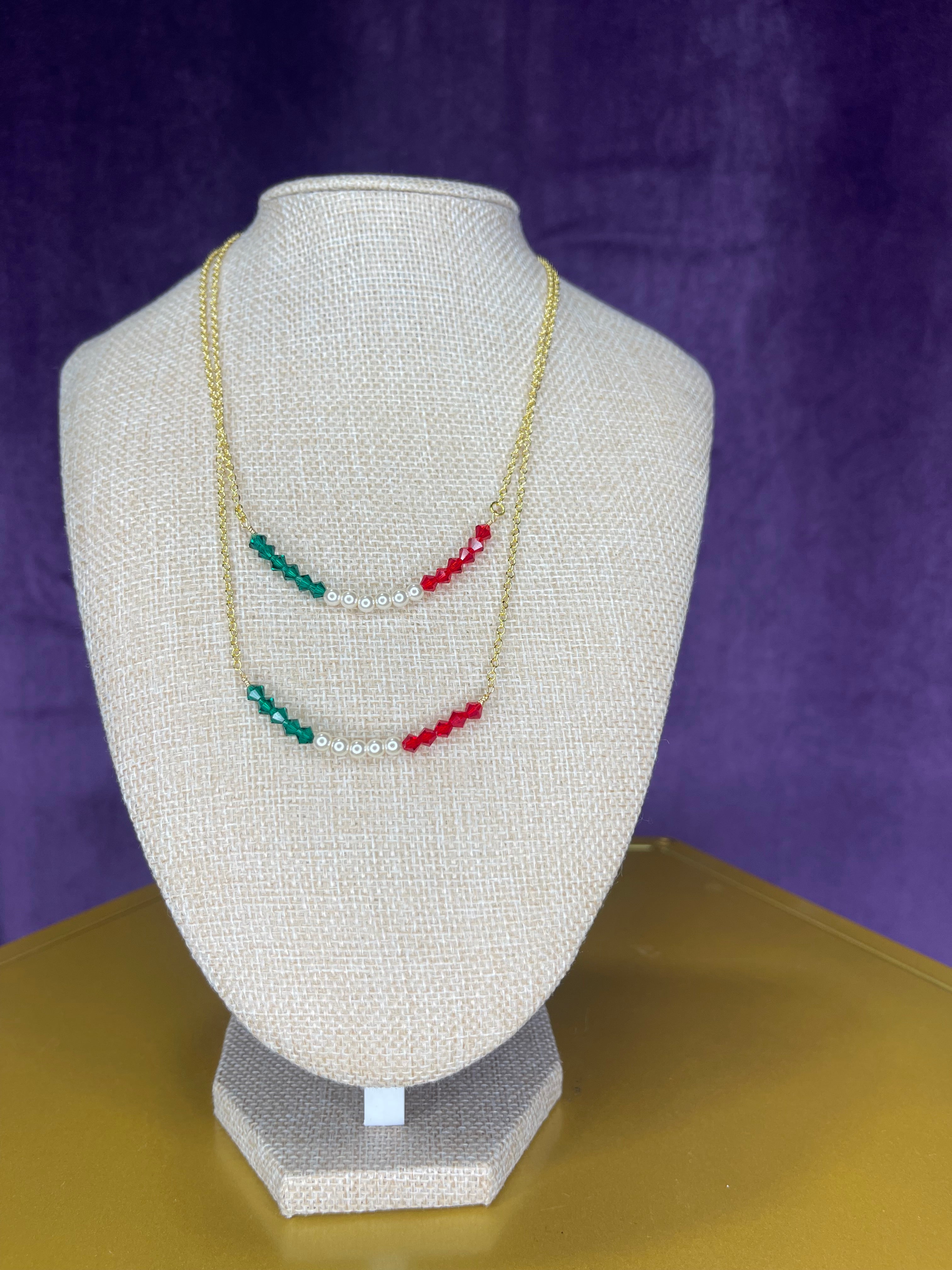 Green, white, red glass beads on 14kt gold plated chain
