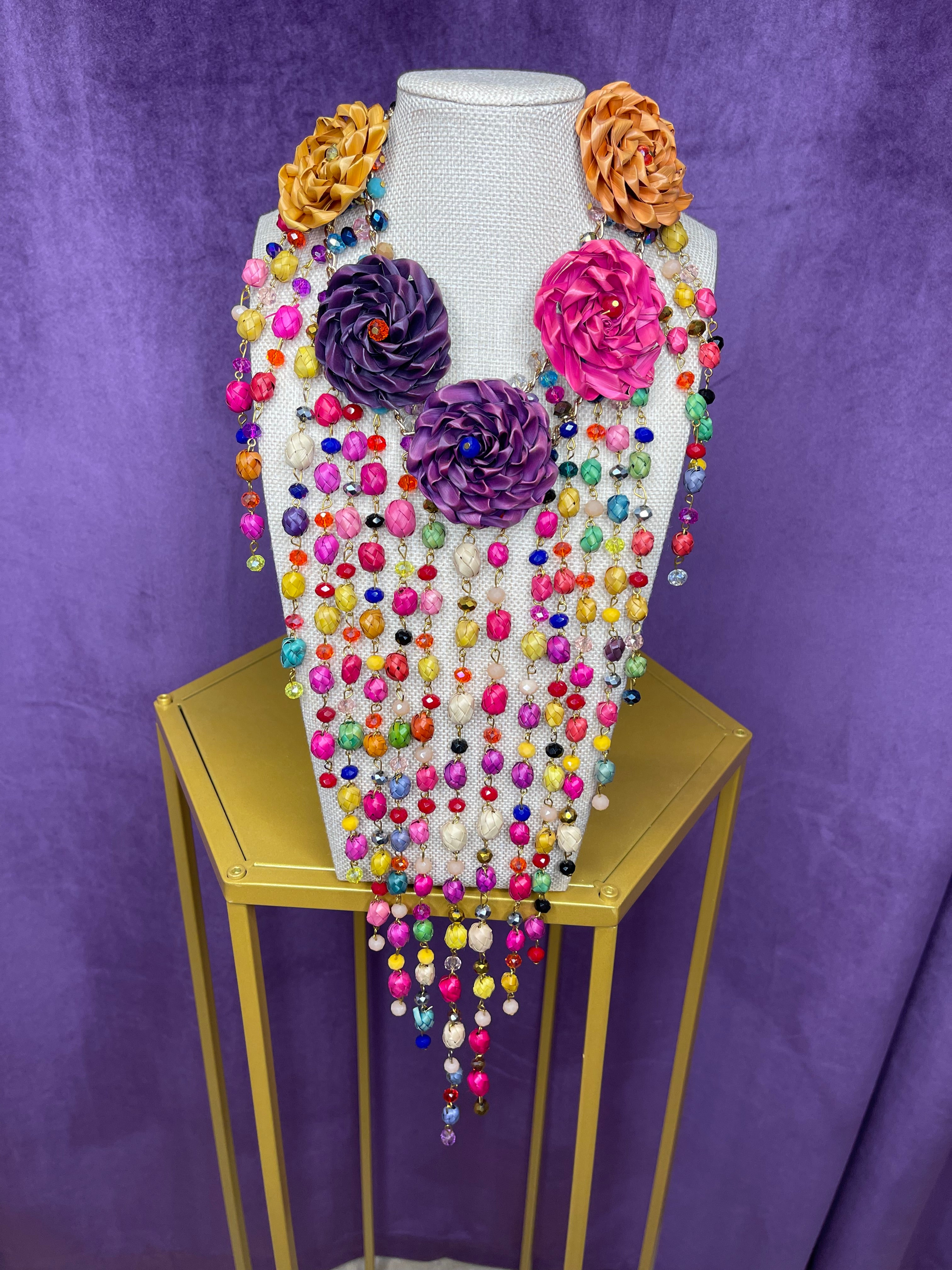 Handwoven Palm Flower Bib Necklace - Handmade Rainbow Cascade from Nayarit, Mexico