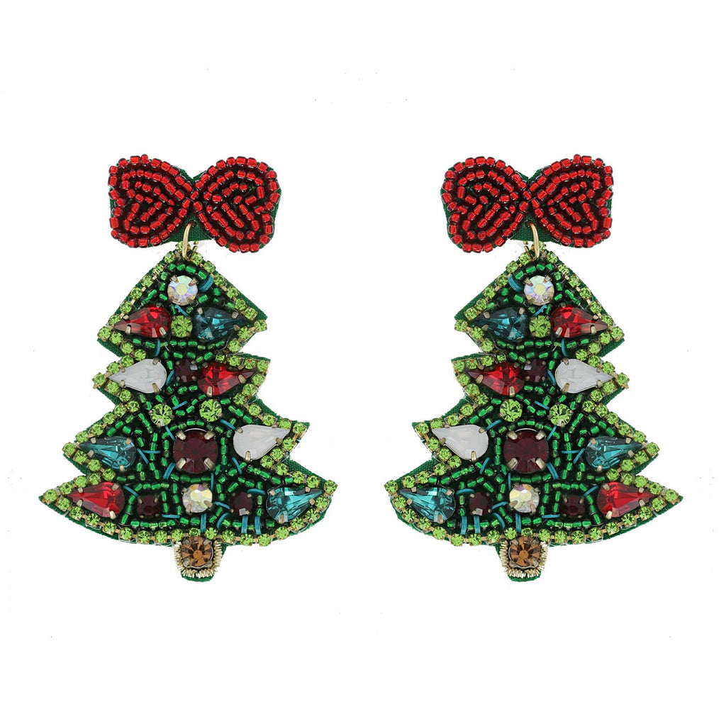 Jeweled Christmas Tree Beaded Embroidery Earrings