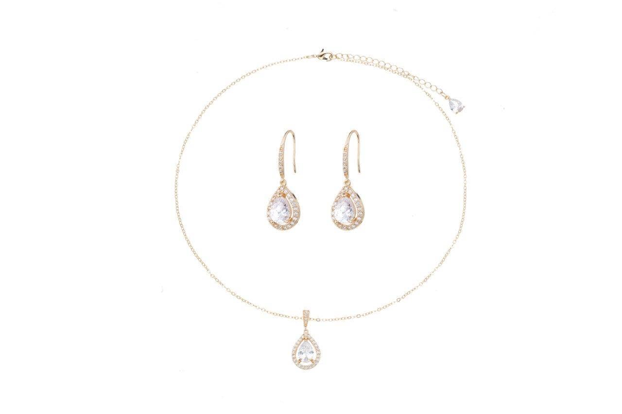 Gold Teardrop Cubic Zirconia Necklace and Earrings Set