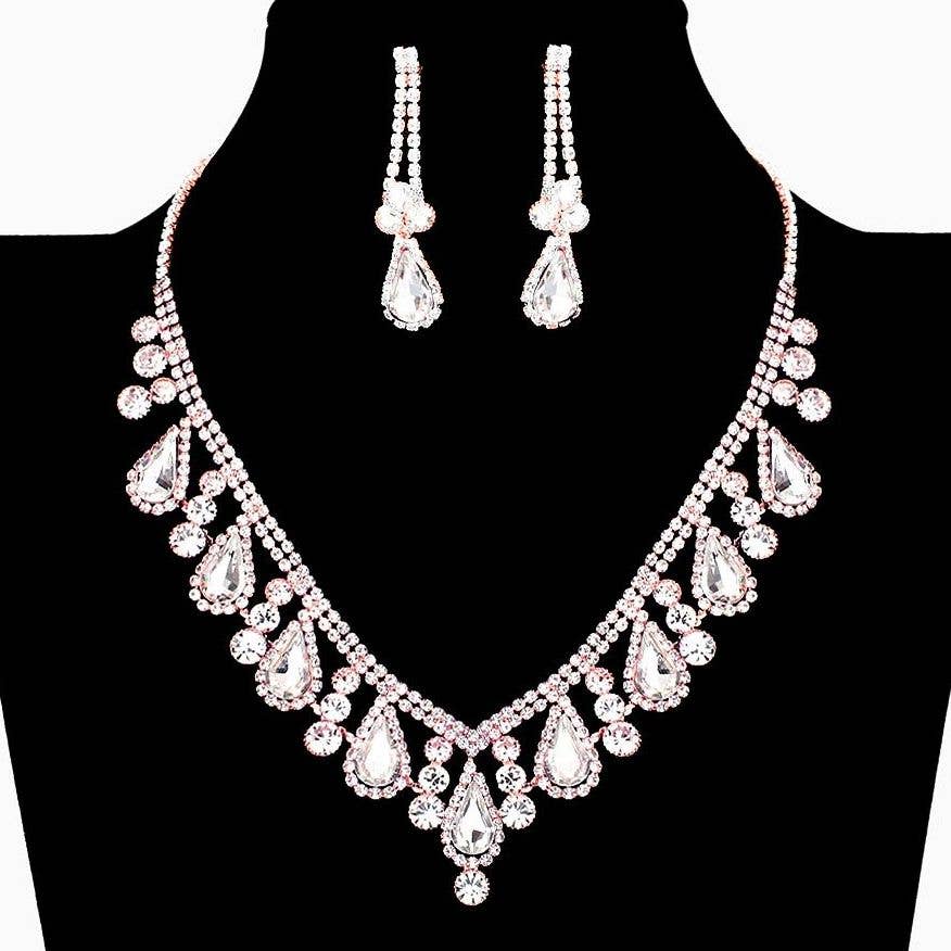 Teardrop V Shape Elegant Rhinestone Necklace Set Clipon