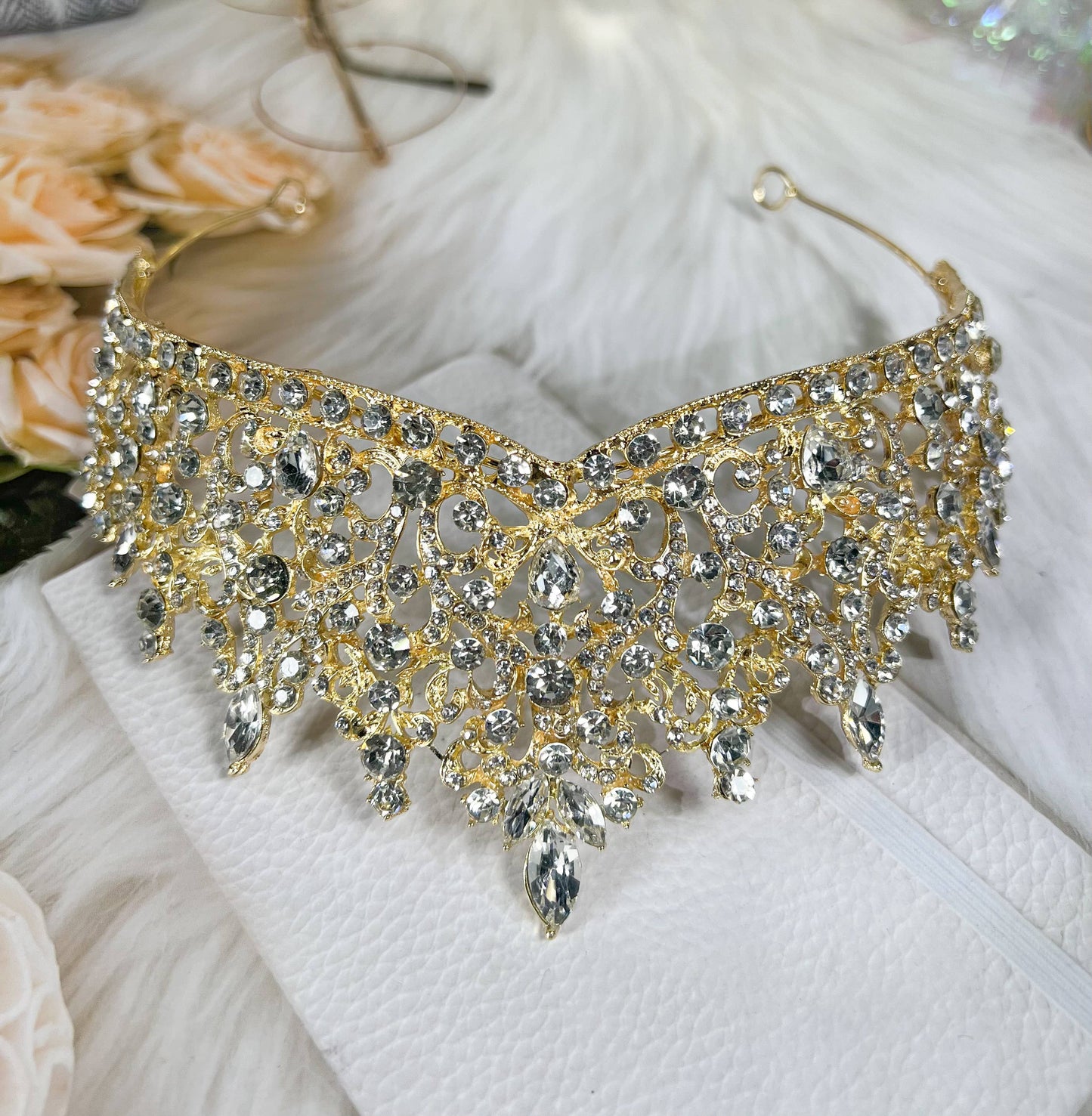 Gold Rhinestone Wedding Tiara, Royal Bridal Crown Headdress