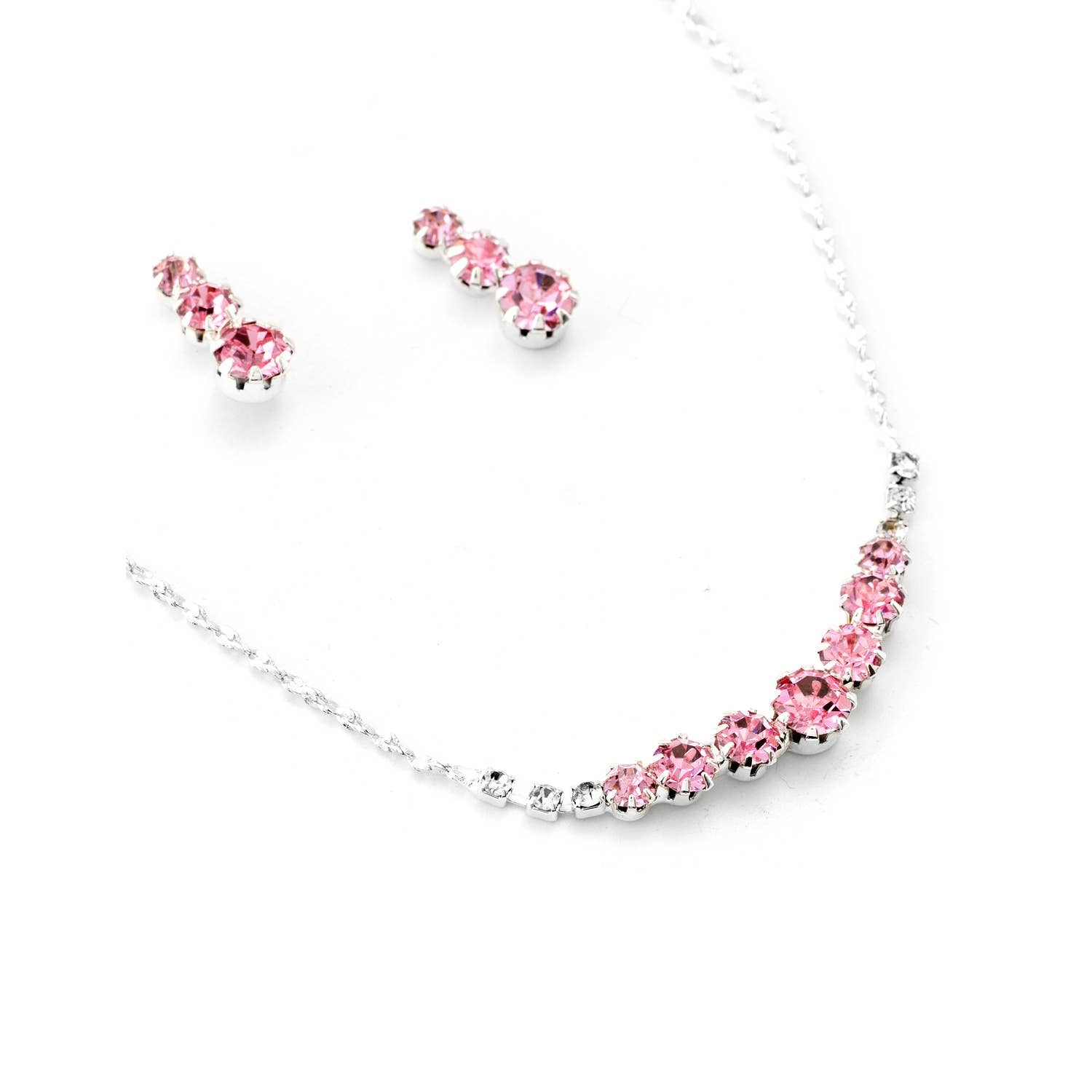 Pink / Silver Rhinestone Bridal Earrings & Necklace Set