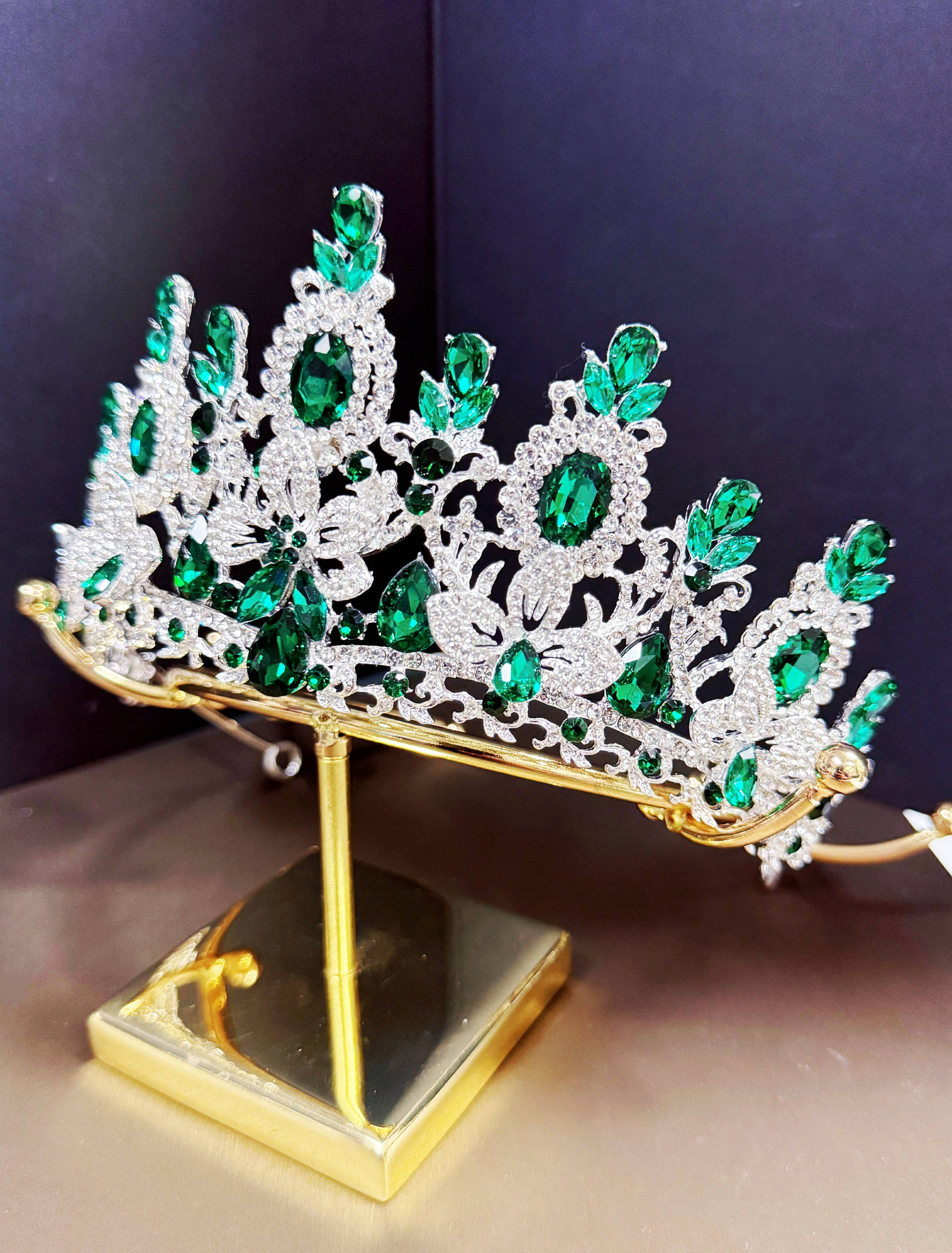 Silver Crystal Tiara Green Stone Tiara - CR152