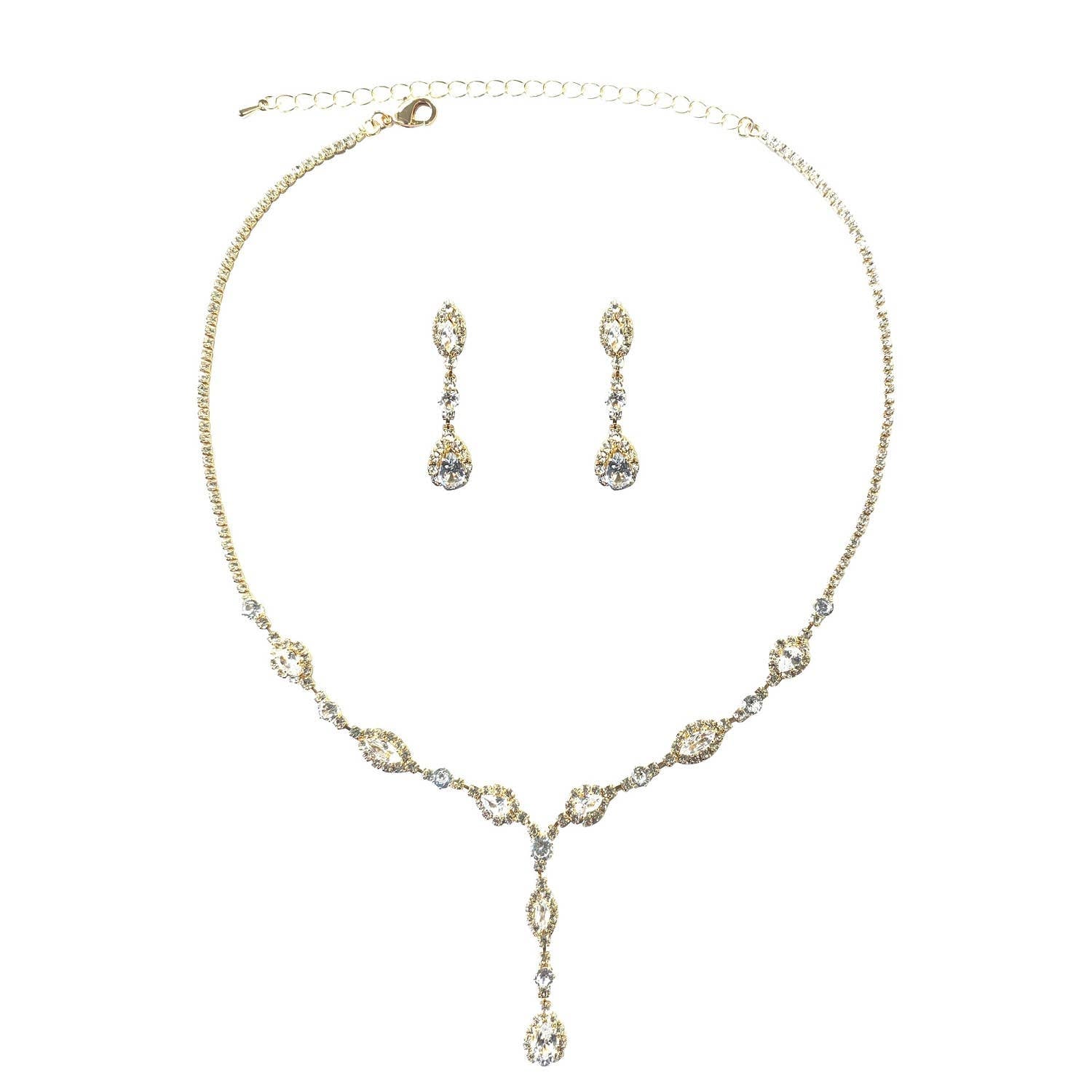 Gold clear Y Neck Necklace & Teardrop Earrings Set