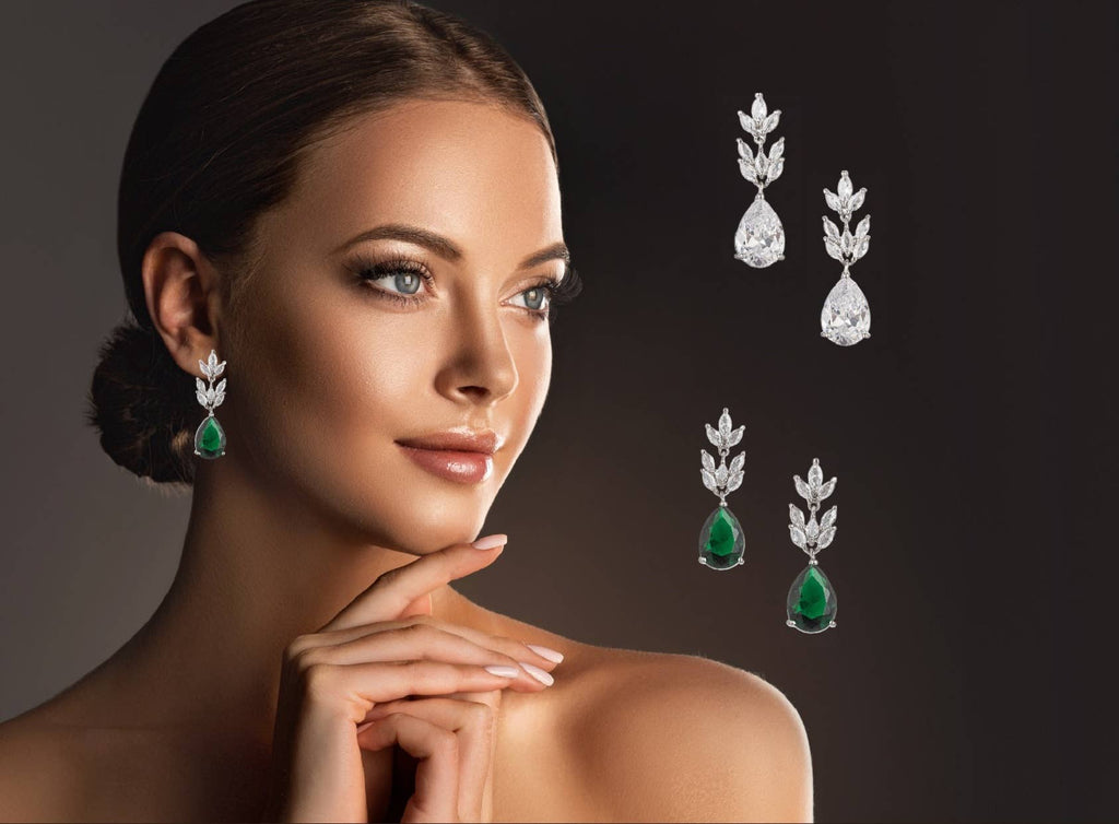 Silver Emerald Green Cubic Zirconia Drop Earrings 1.5in