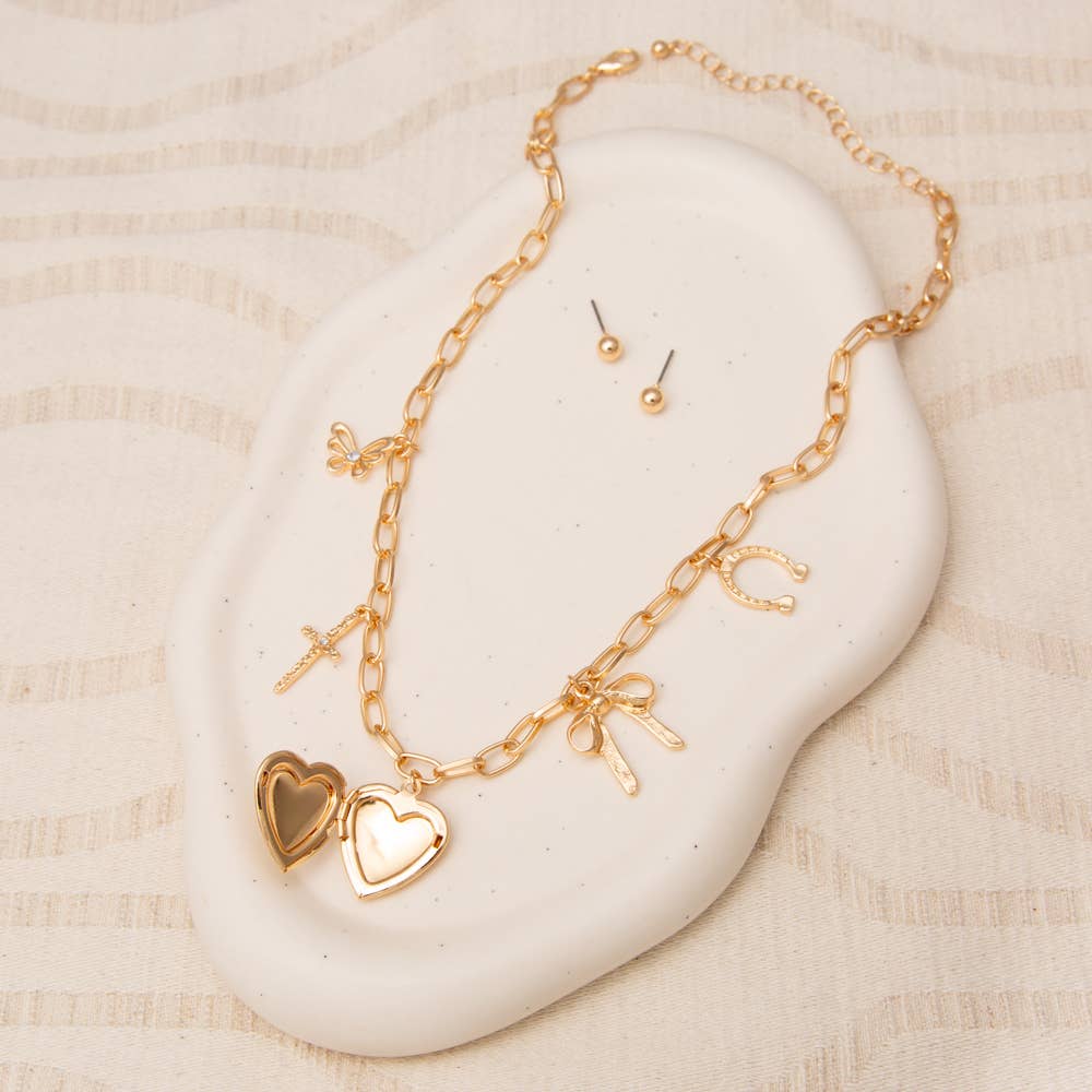 Multi-Charm Necklace & Earring Set with Heart Locket