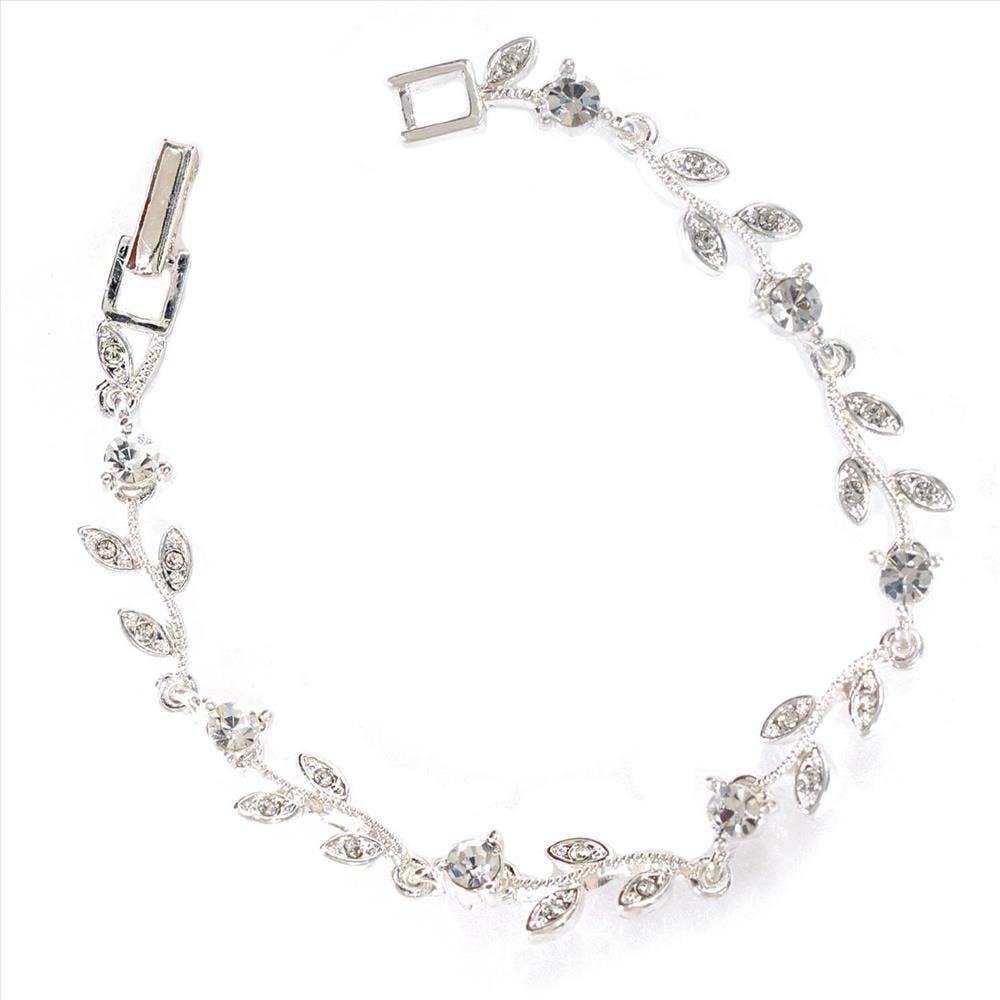 Silver Crystal Rhinestone Circle & Leaf Link Bracelet