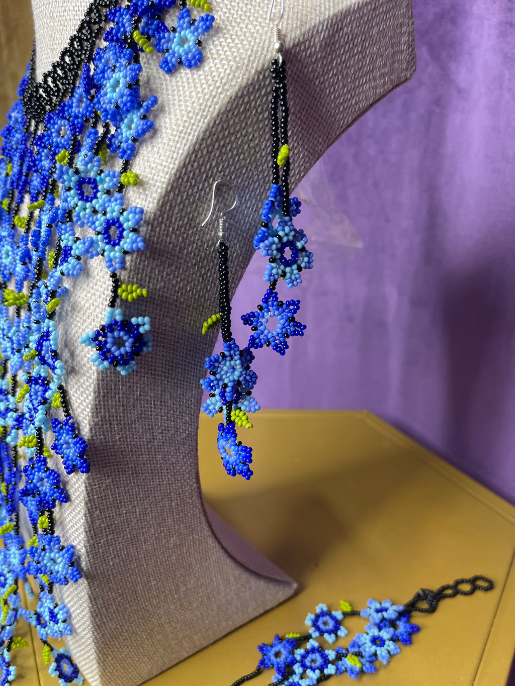 Huichol Beaded Cascading Blue Flower Bib Necklace with Earrings - Handmade Wixárika Art from Nayarit