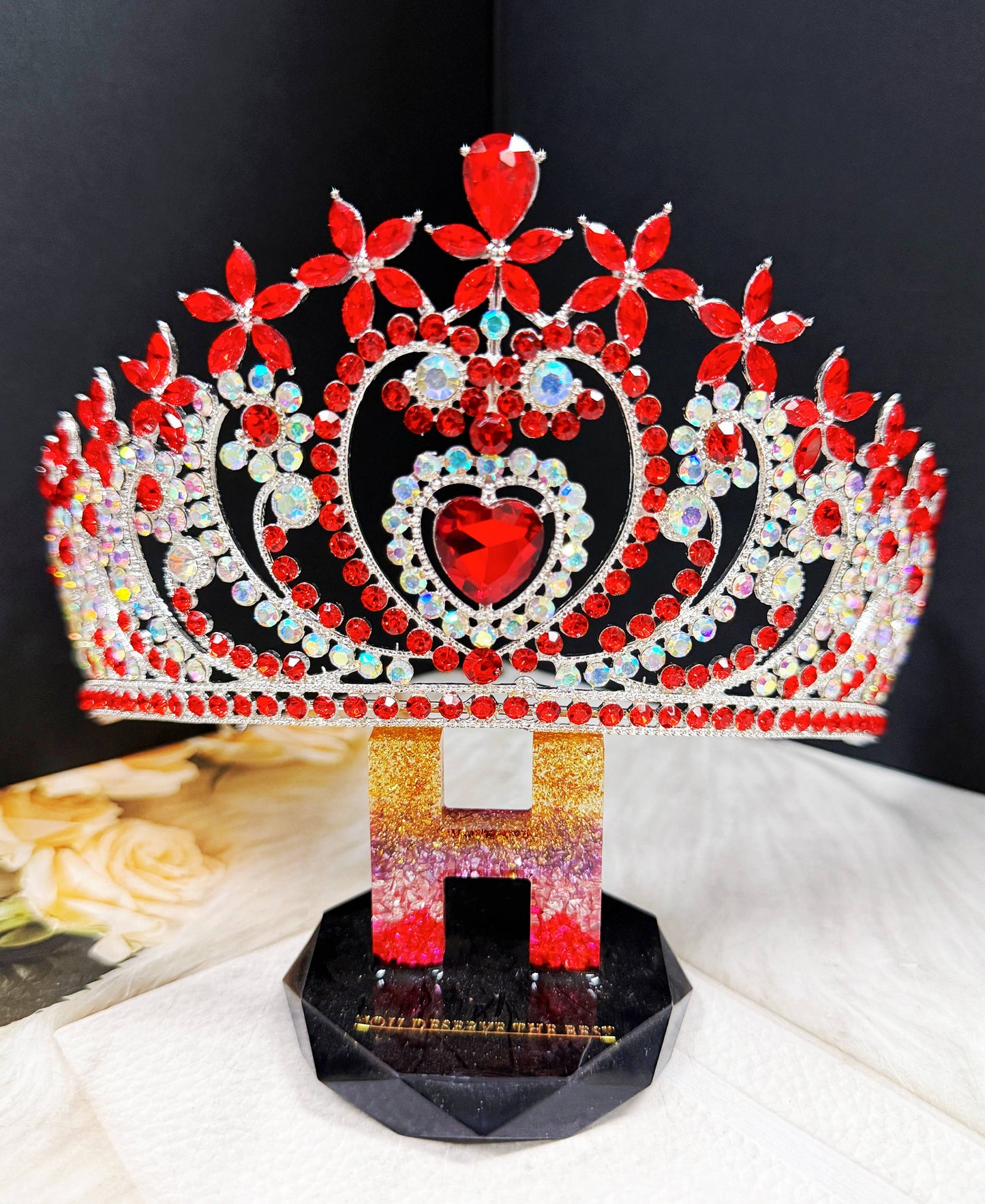 Red Crystal tiara, silver heart tiara, Bridal Headpiece