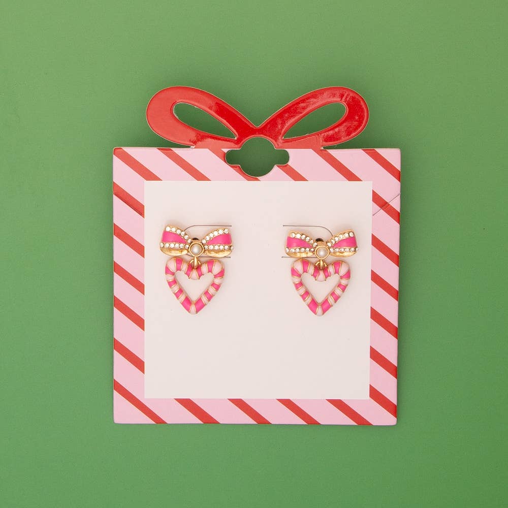 Christmas Striped Candy Enamel Bowed Heart Post Earrings