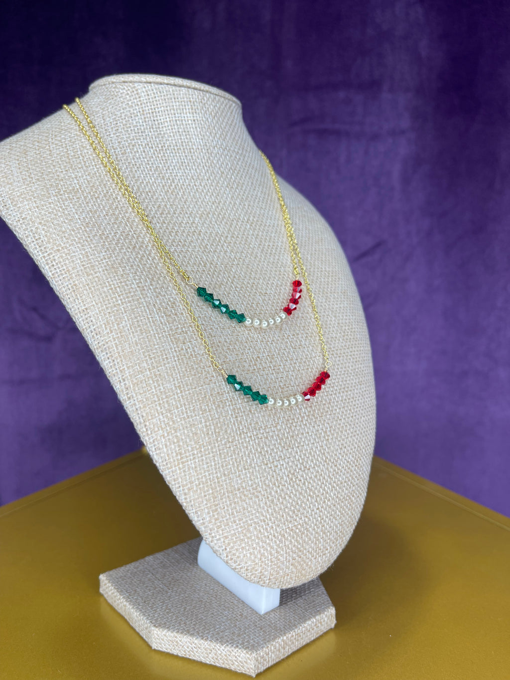Green, white, red glass beads on 14kt gold plated chain