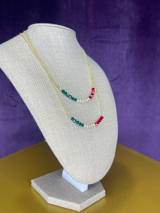 Green, white, red glass beads on 14kt gold plated chain
