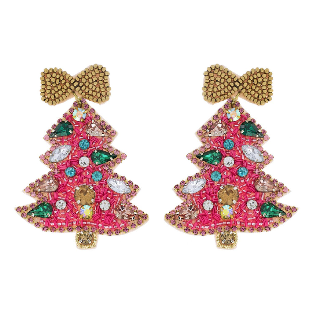 Jeweled Christmas Tree Beaded Embroidery Earrings