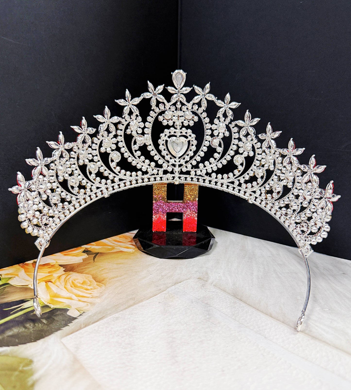Red Crystal tiara, silver heart tiara, Bridal Headpiece