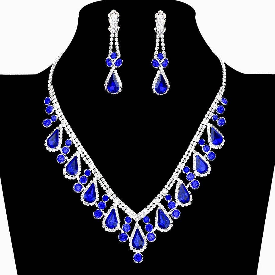 Teardrop V Shape Elegant Rhinestone Necklace Set Clipon