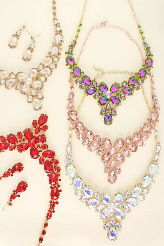 Crystal Gemstone Cluster V-Shaped Necklace Set