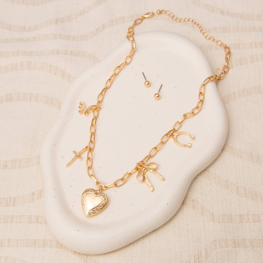 Multi-Charm Necklace & Earring Set with Heart Locket