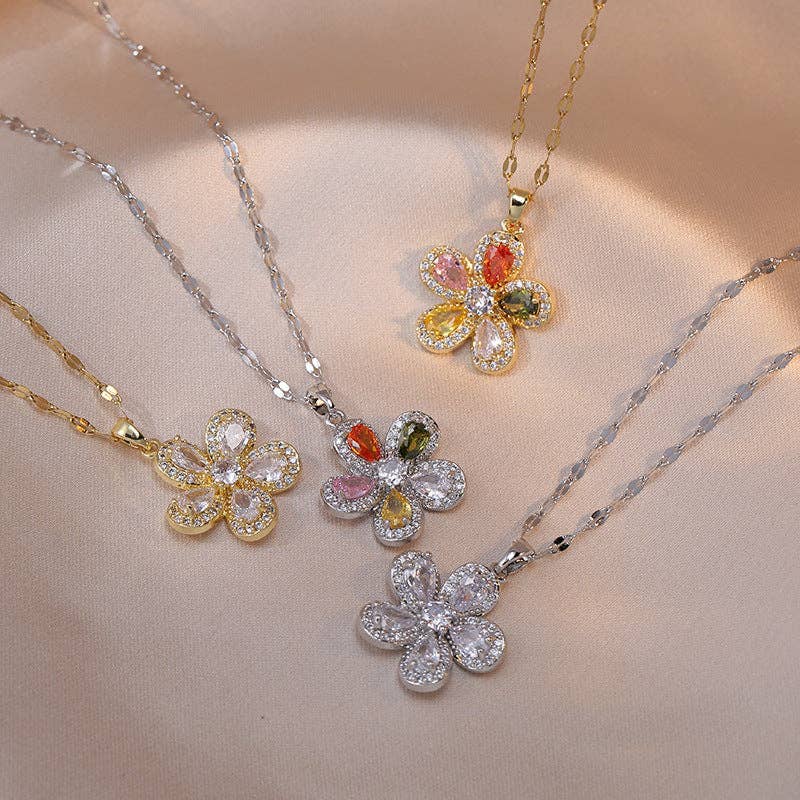 Rainbow Color Flower Pendant Necklace in Stainless Steel