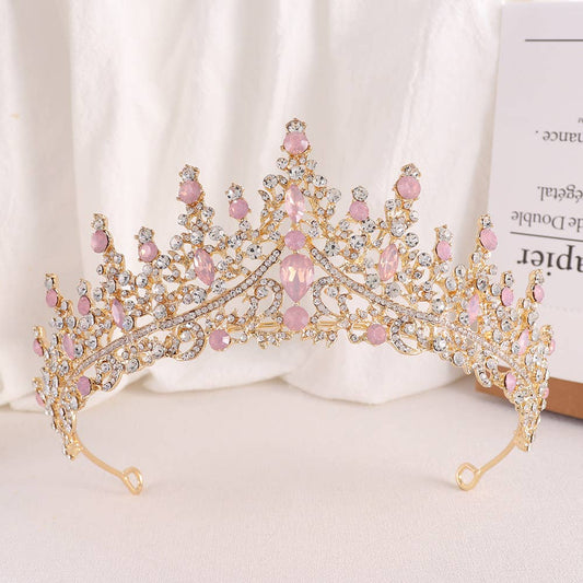 Vintage Queen Pink Crystal Crown, Bridal Tiara Gold Crown