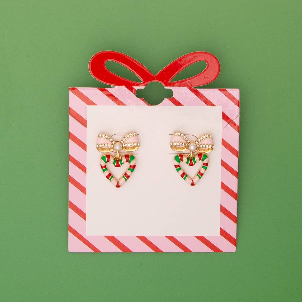 Christmas Striped Candy Enamel Bowed Heart Post Earrings