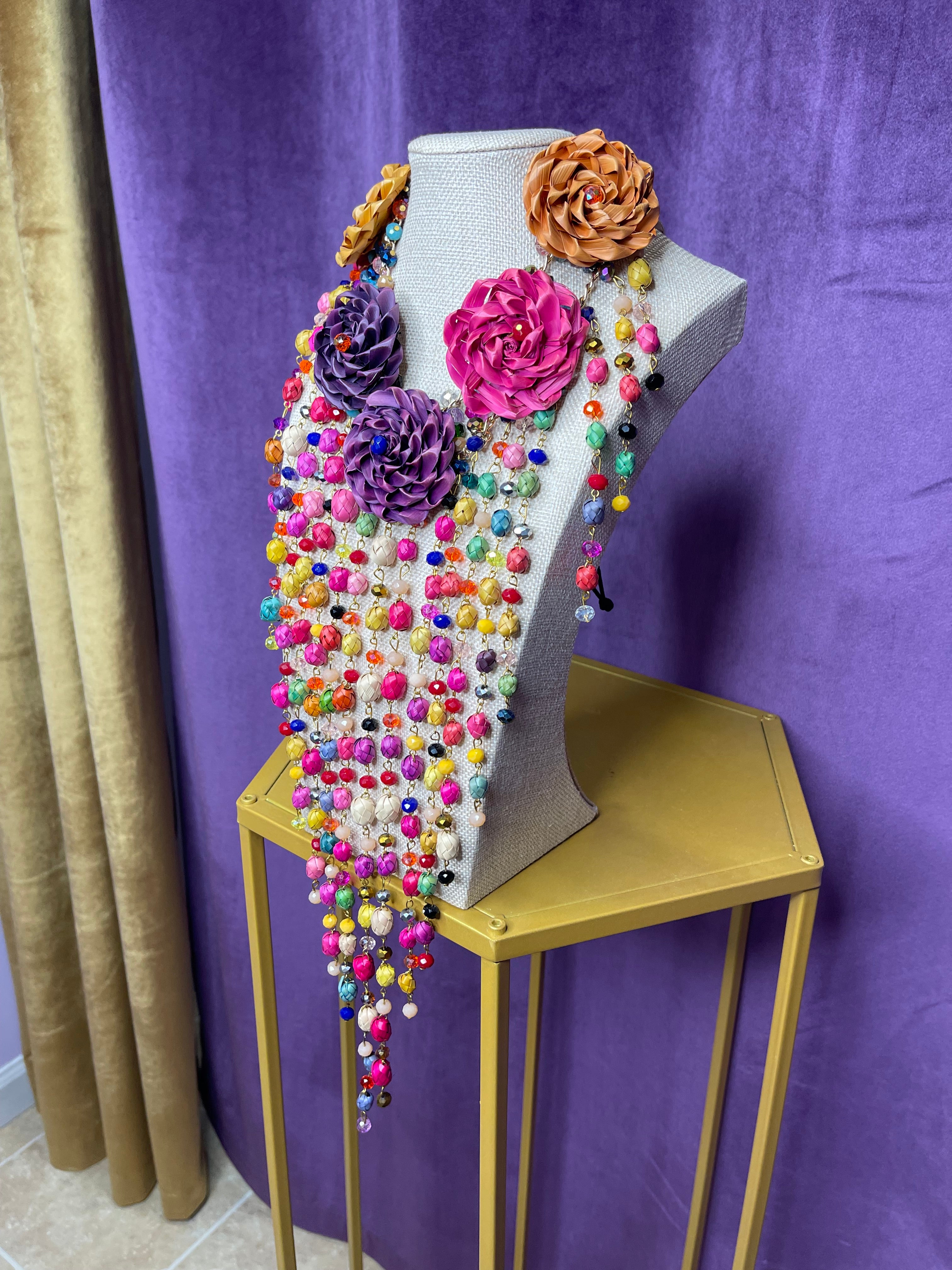 Handwoven Palm Flower Bib Necklace - Handmade Rainbow Cascade from Nayarit, Mexico