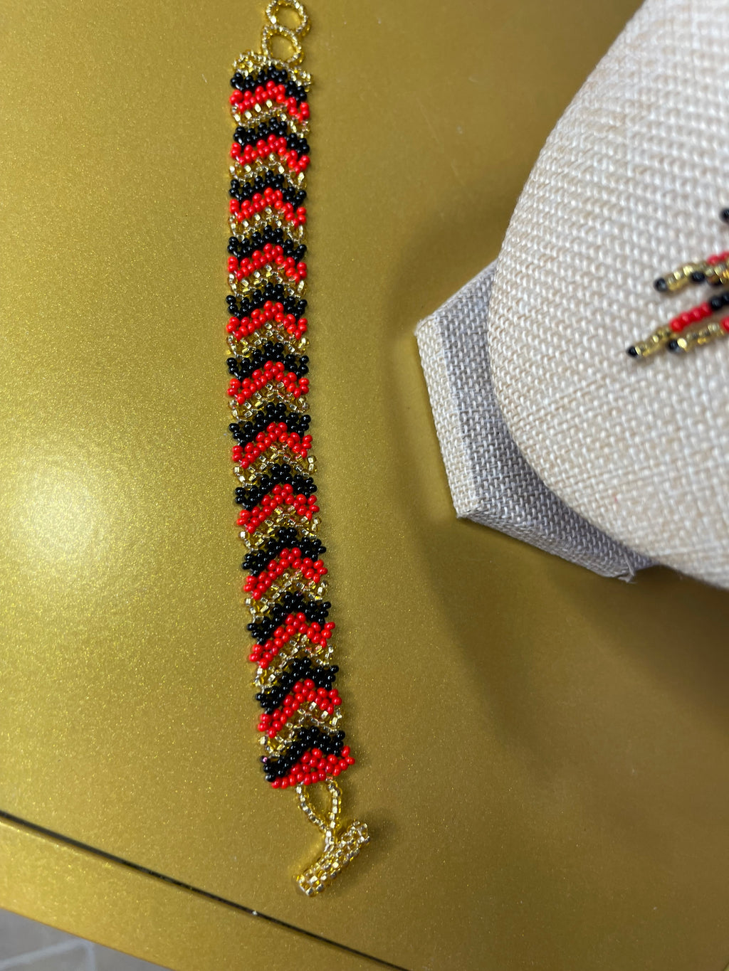 Huichol Beaded Geometric Fringe Necklace Set - Handmade Red & Gold Wixárika Jewelry from Nayarit